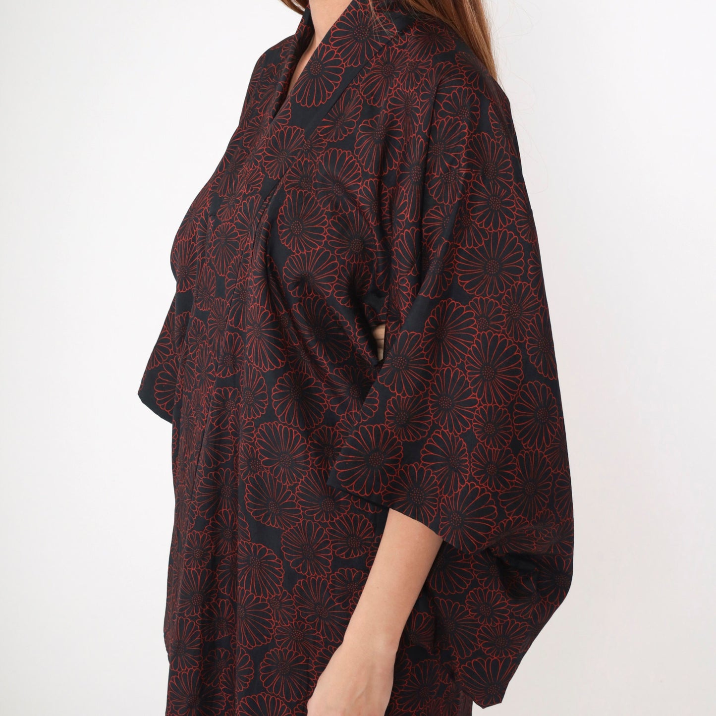 60s Black Kimono Robe Red Floral Print Full Length Maxi Large L