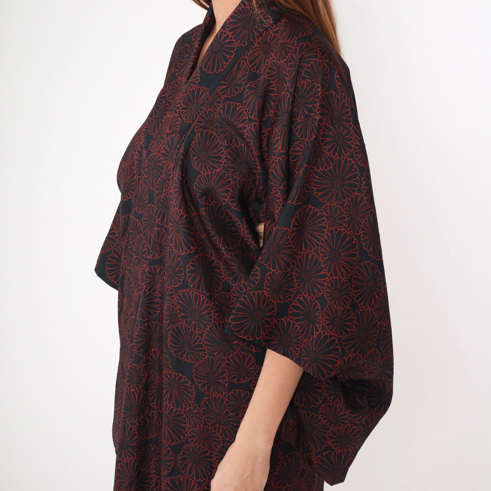 60s Black Kimono Robe Red Floral Print Full Length Maxi Large L