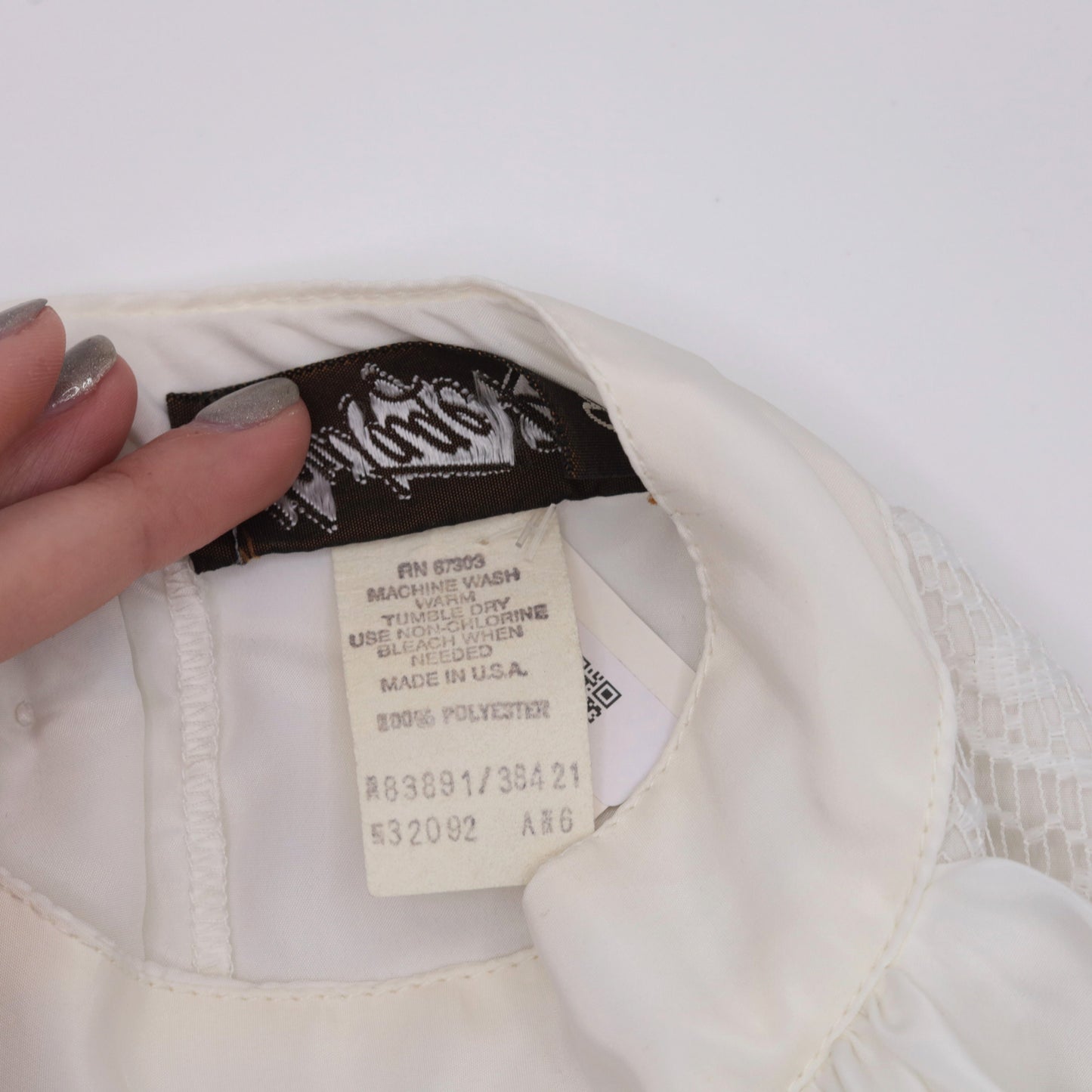 80s White Lace Jabot Blouse Puff Sleeve Button Back Shirt Small