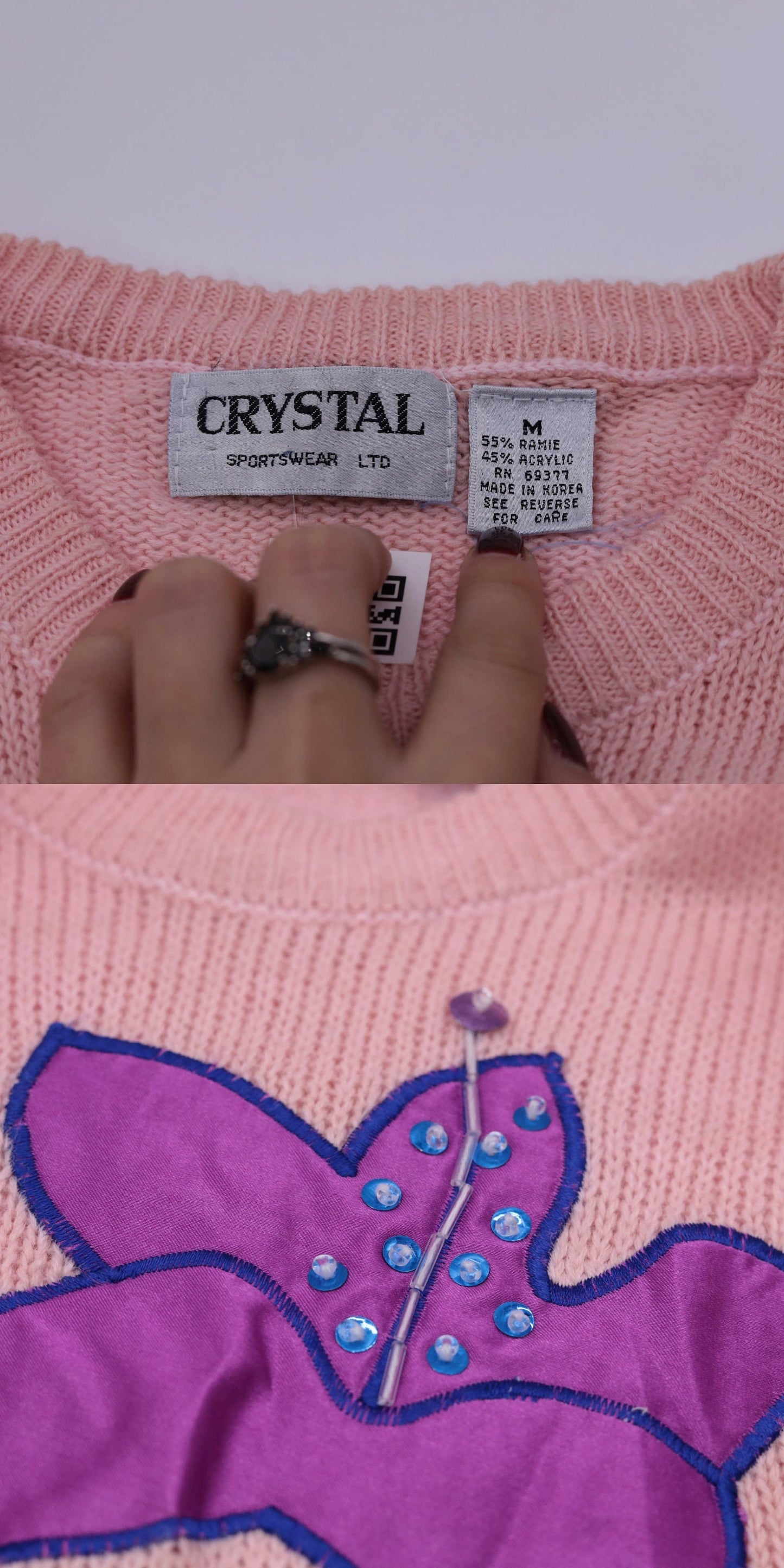 90s Baby Pink Sequin Floral Knit Sweater Beaded Crewneck Small