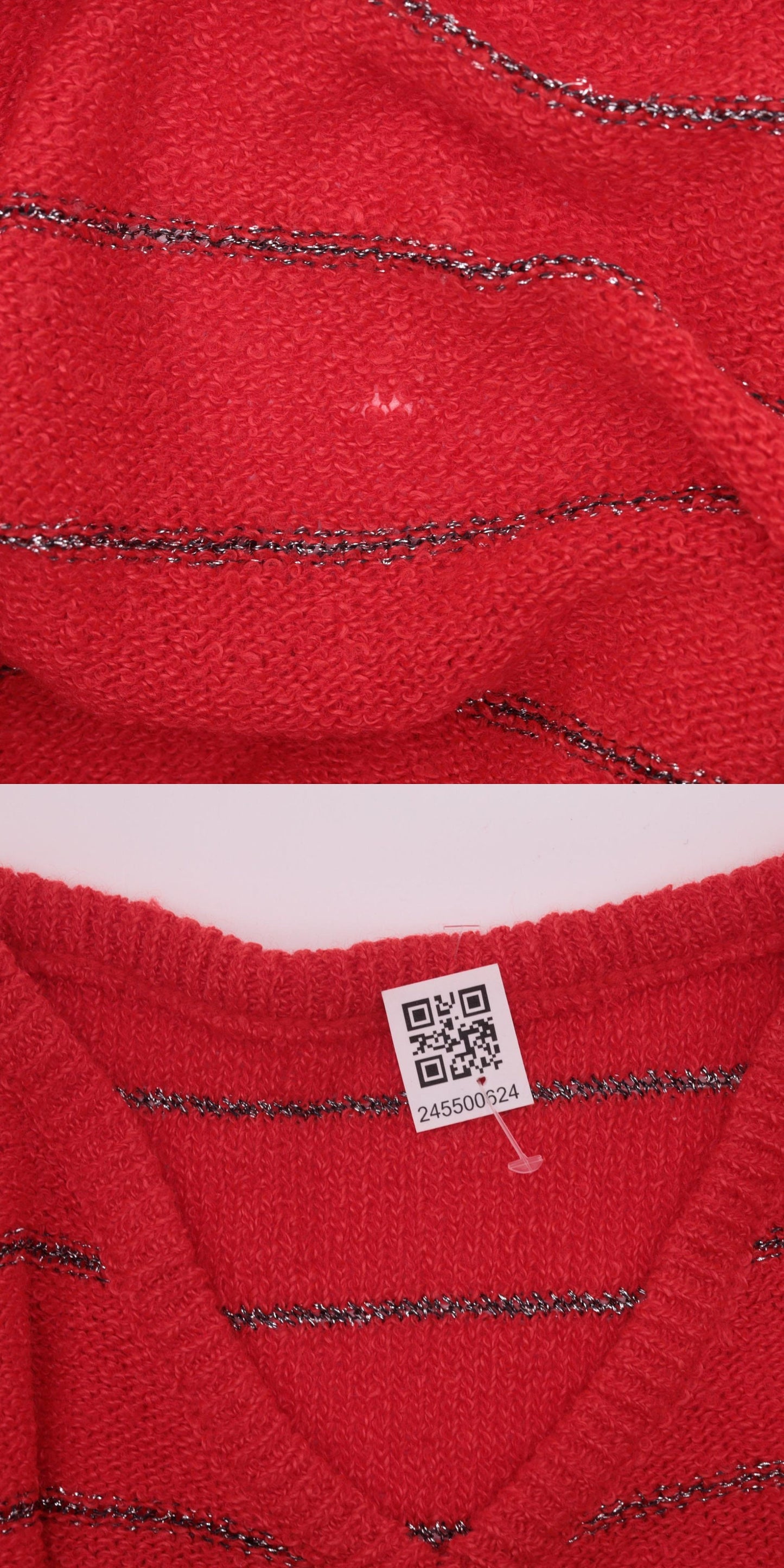 70s Metallic Striped Sweater Red Silver V-Neck Pullover Knit Small