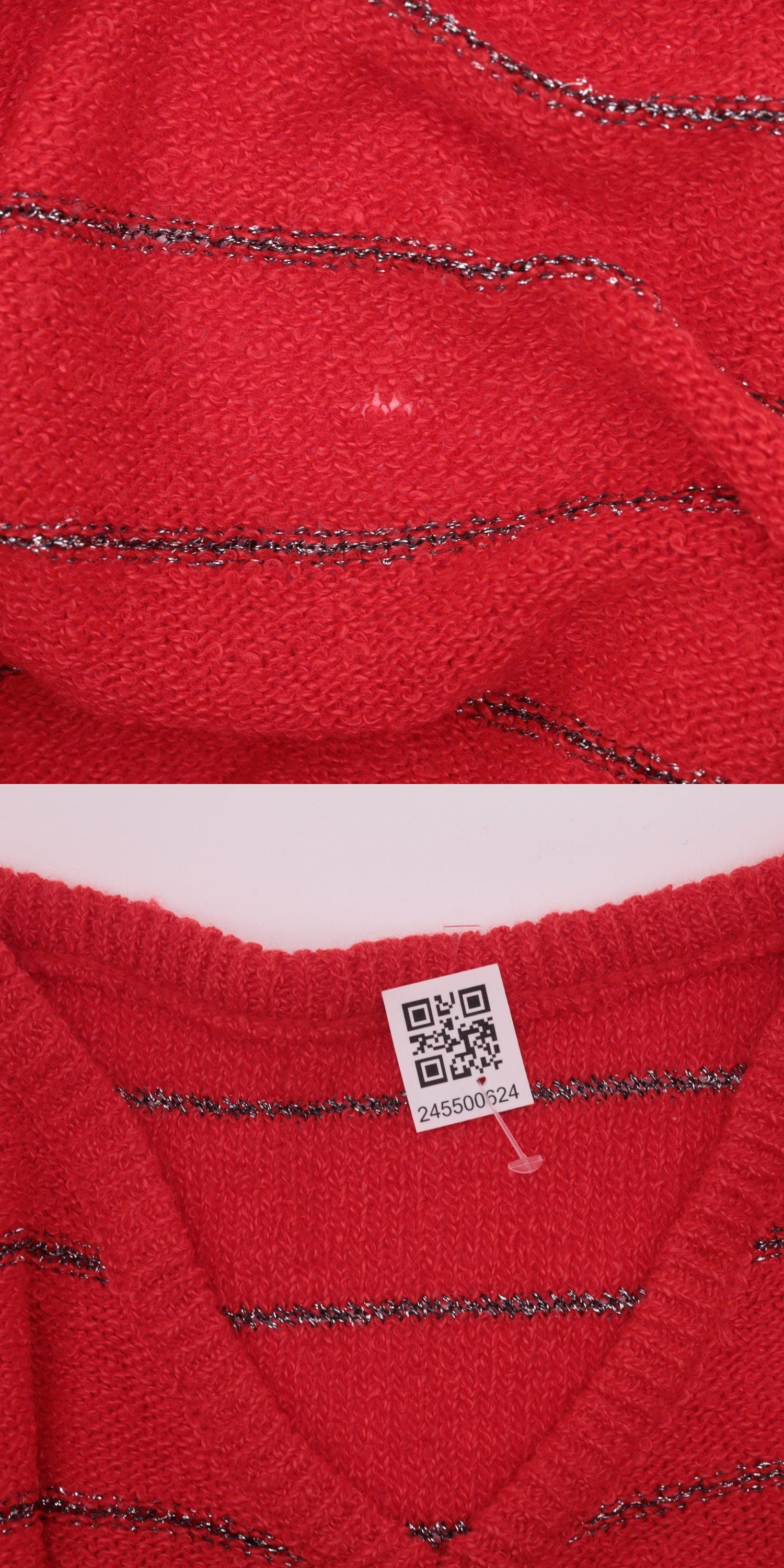 70s Metallic Striped Sweater Red Silver V-Neck Pullover Knit Small