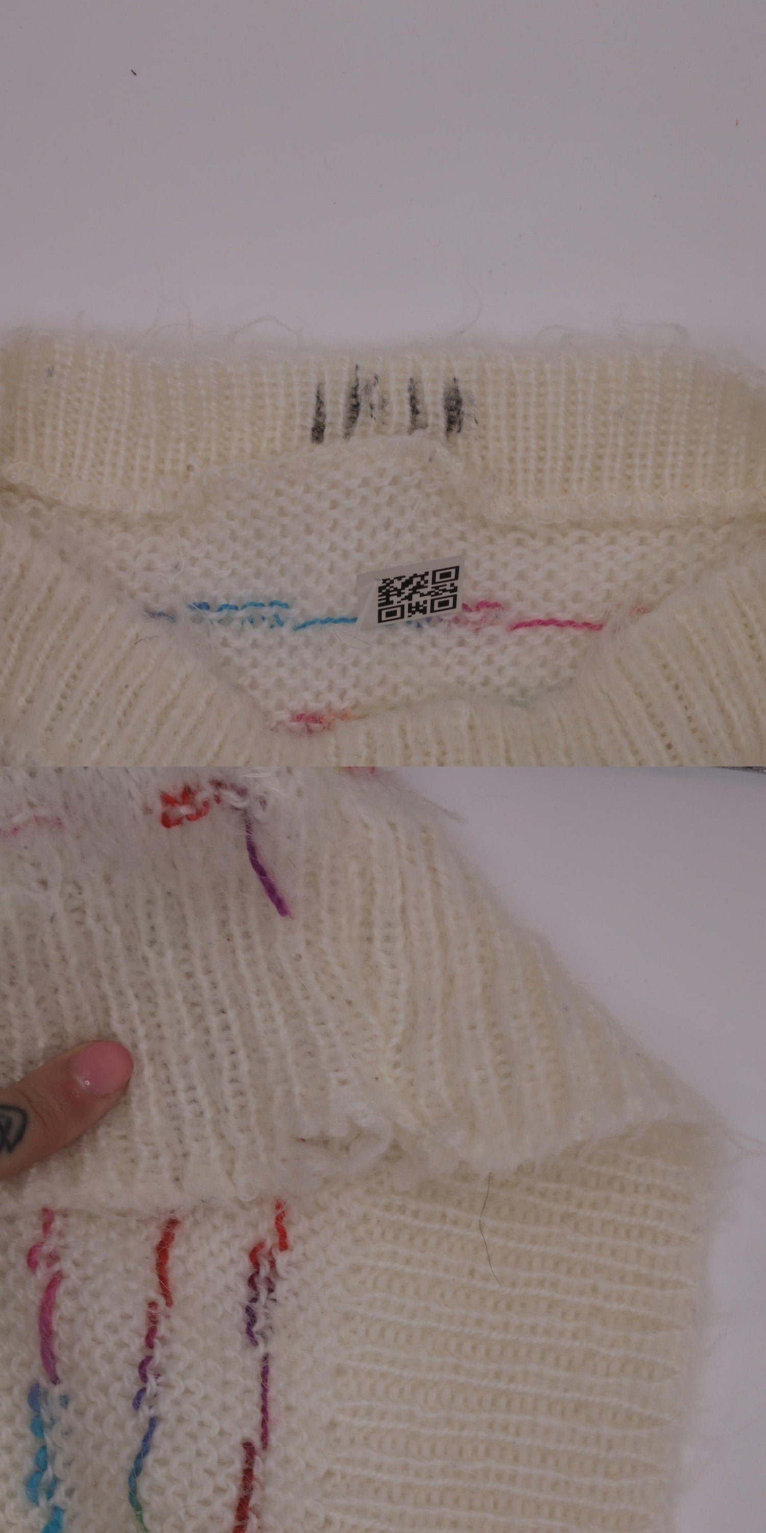 80s White Rainbow Striped Puff Sleeve Knit Sweater Boatneck Pullover XS