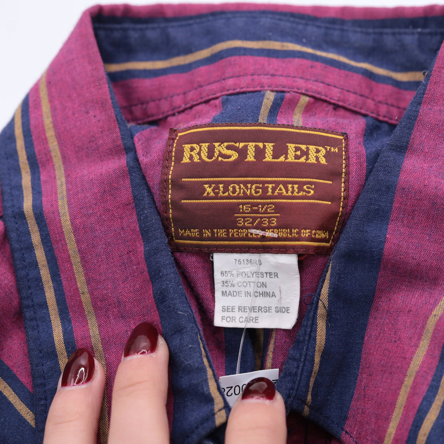80s Rustler Western Shirt Pearl Snap Blue Fuchsia Striped X-Long Tails Extra Large
