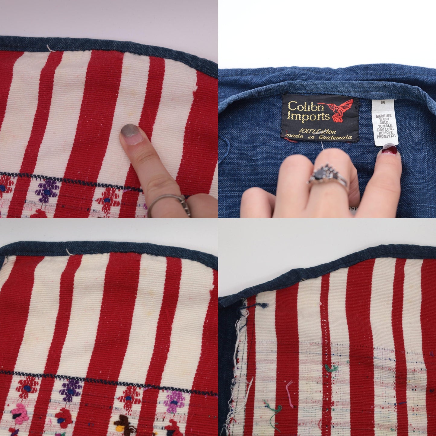 80s Guatemalan Embroidered Vest Red White Striped Animal Pattern Small