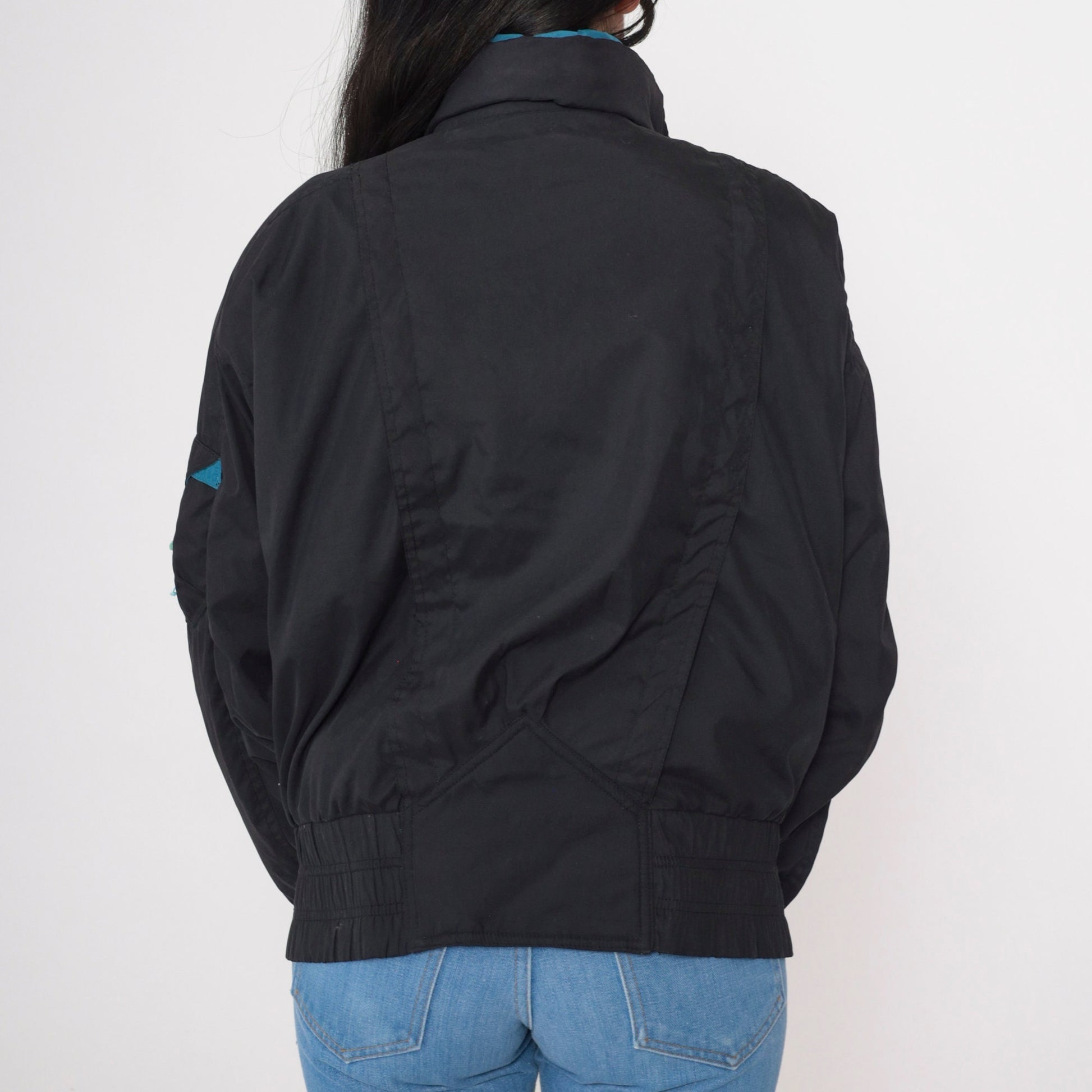 90s Black Puffer Ski Jacket Turquoise Trim Windbreaker Extra Large XL