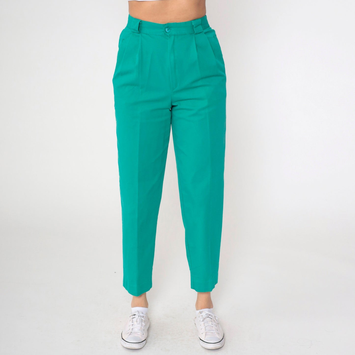 80s Green Pleated High-Rise Trousers Elastic Waist Tapered Small