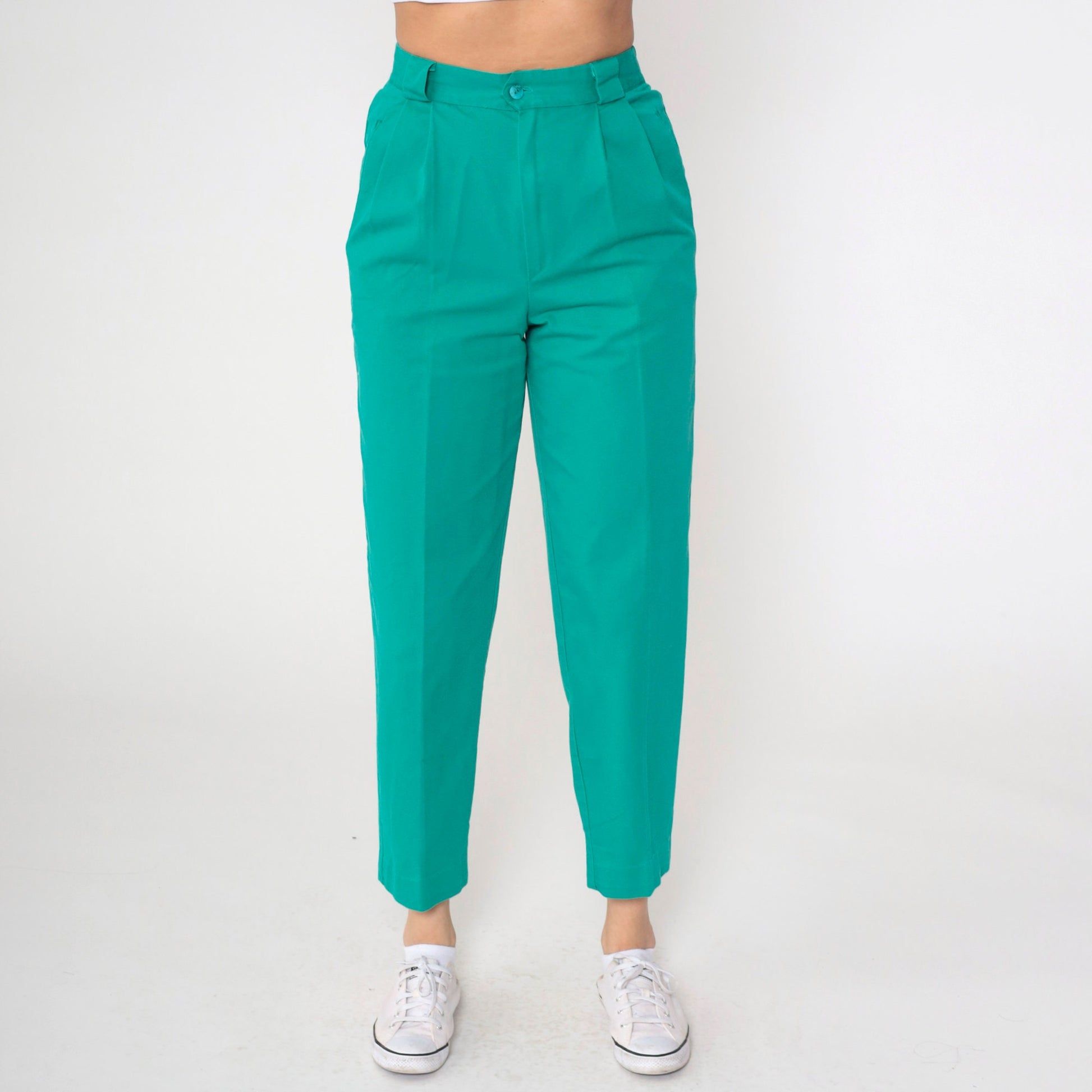 80s Green Pleated High-Rise Trousers Elastic Waist Tapered Small