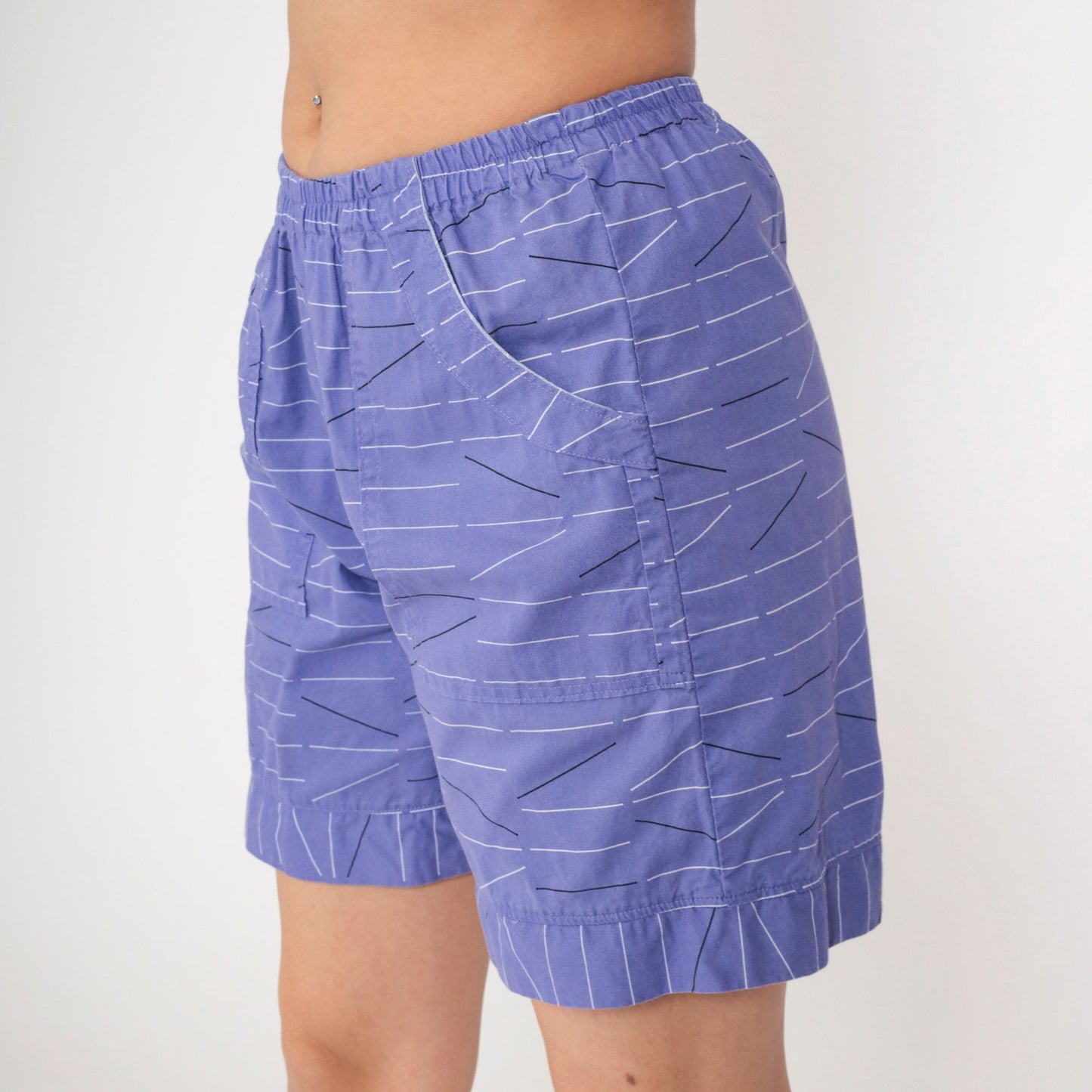 Y2K Purple Striped Shorts Elastic Waist High Rise Cotton Small Medium