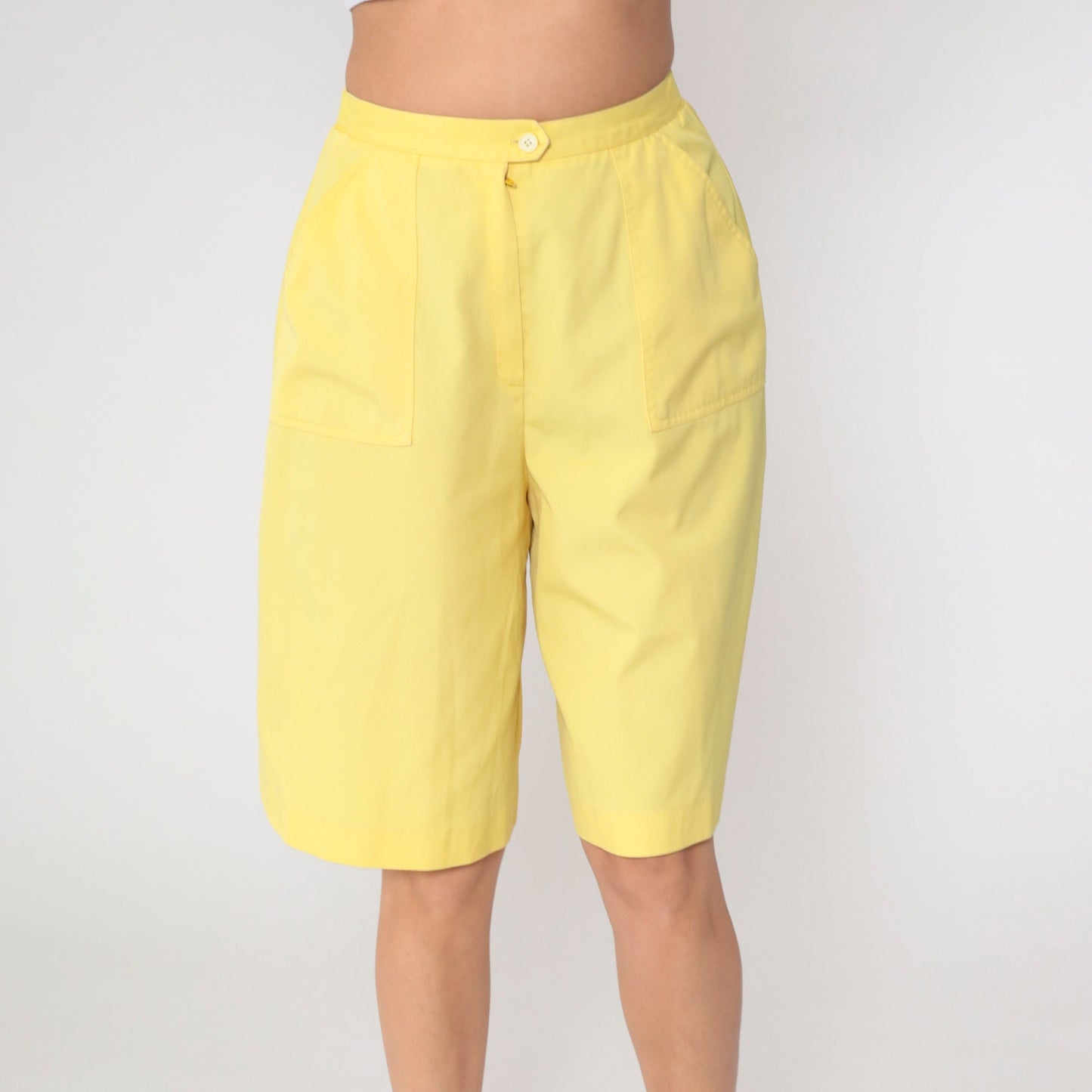 80s Koret Yellow High-Waisted Bermuda Shorts Patch Pocket Small Medium