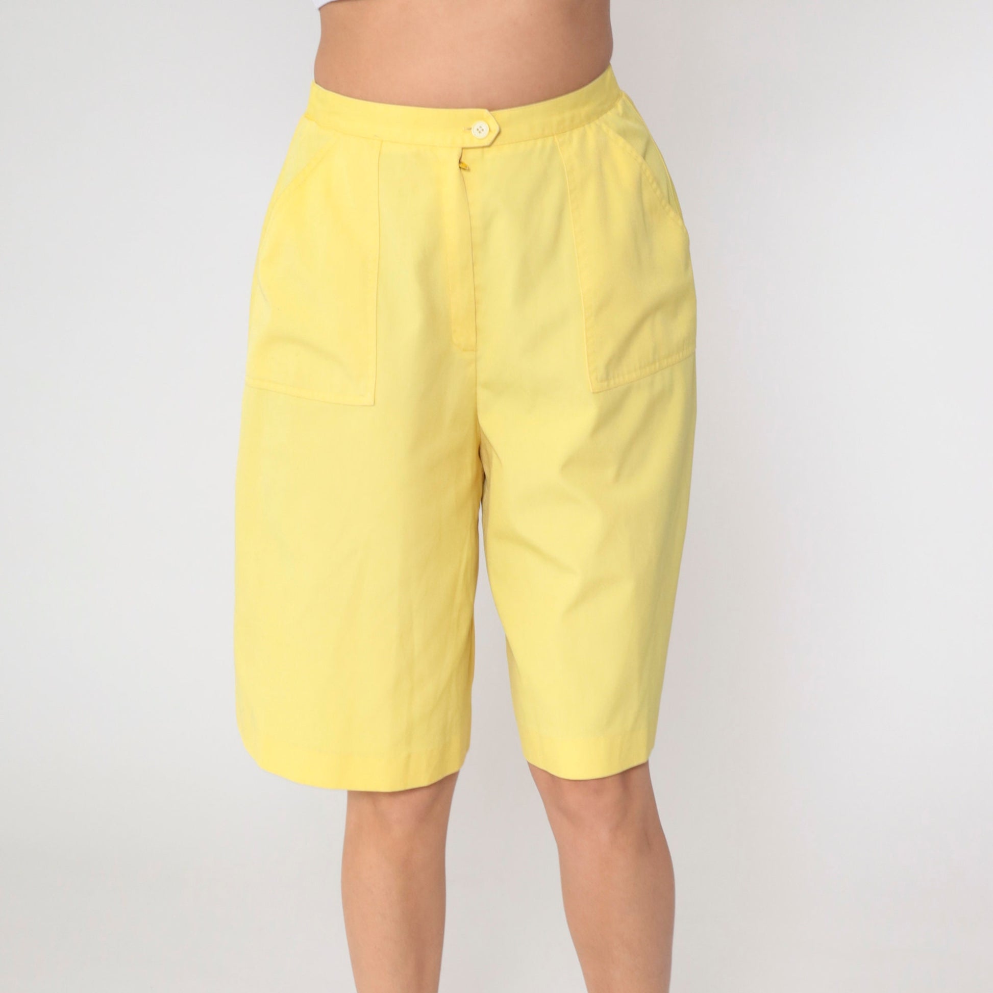 80s Koret Yellow High-Waisted Bermuda Shorts Patch Pocket Small Medium