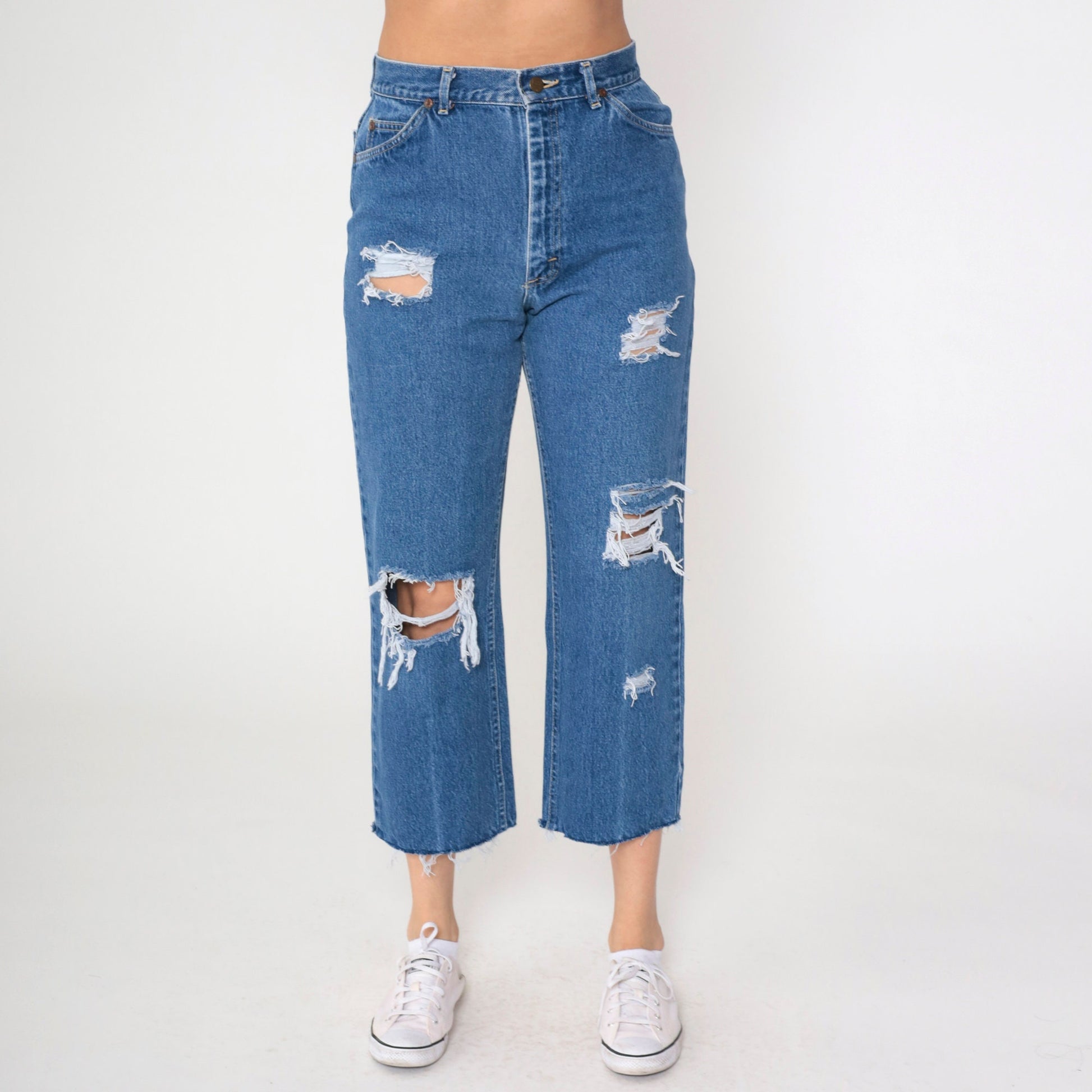 90s Lee High Rise Straight Leg Ripped Blue Denim Jeans Small 28
