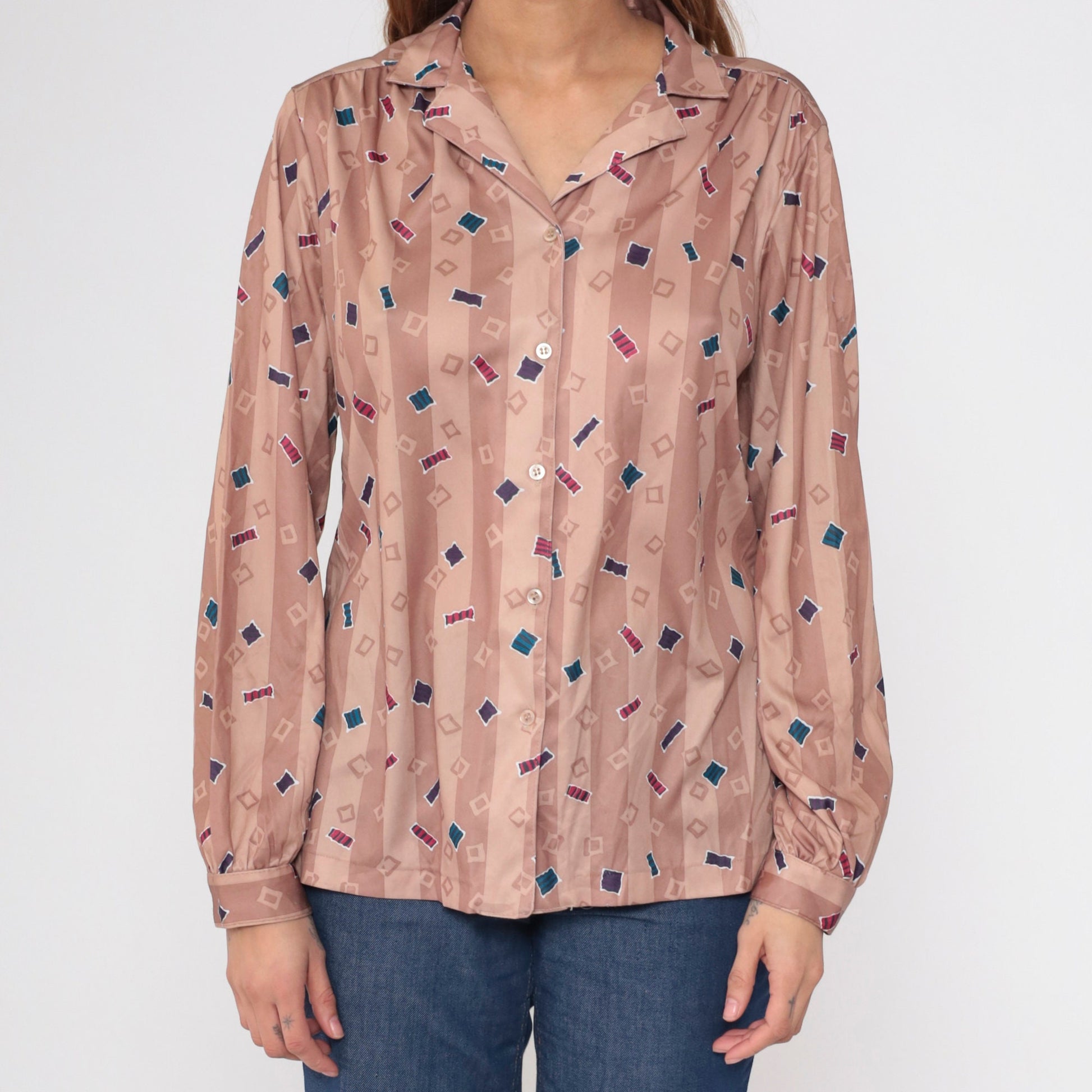 70s Confetti Geometric Striped Button-Up Blouse Dusty Rose Taupe Large L