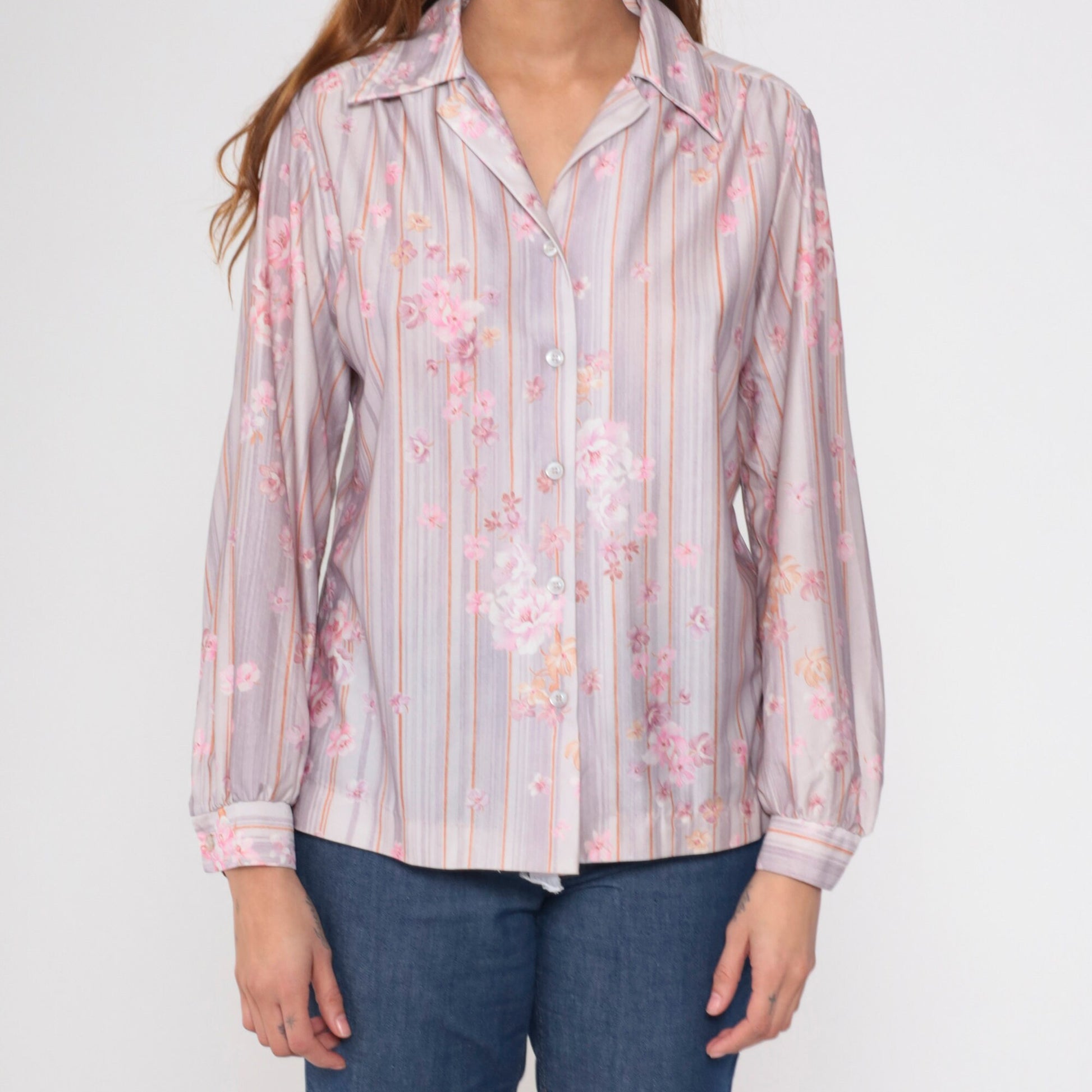 70s Striped Floral Button-Up Blouse Pink Lavender Long Sleeve Shirt Medium Large