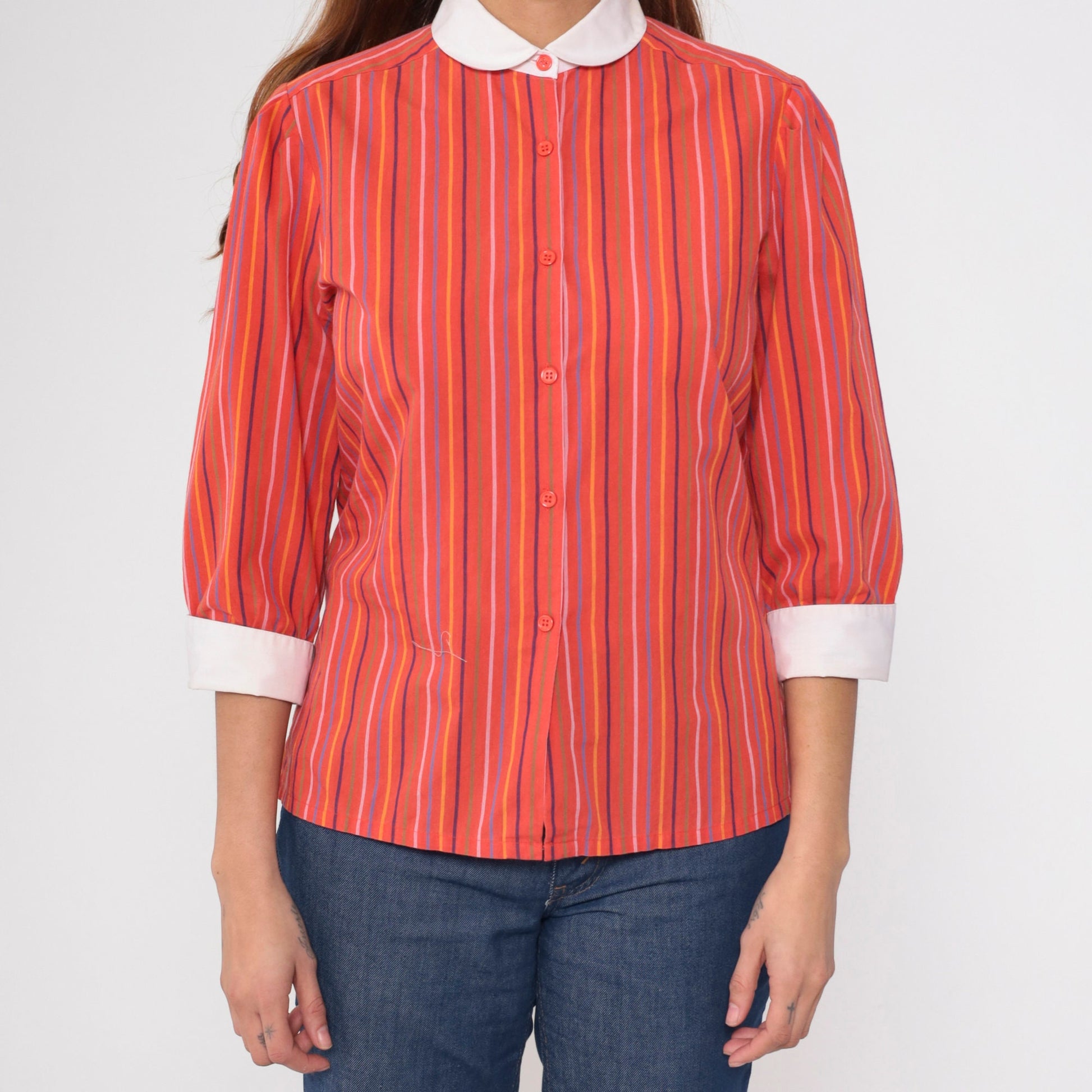 70s Red Striped Peter Pan Collar Blouse 3/4 Sleeve Button Up Medium