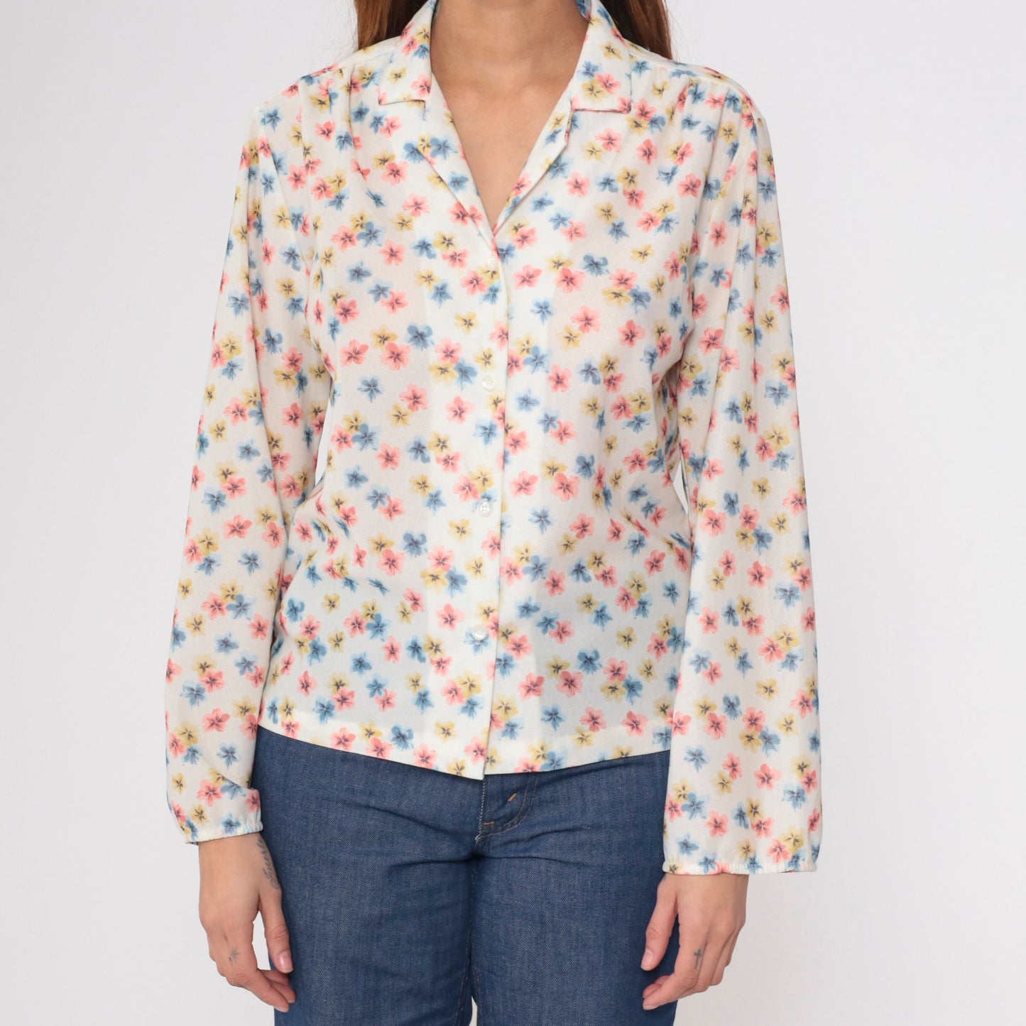 70s Floral Button-Up Blouse White Pink Blue Long Sleeve Collar Medium
