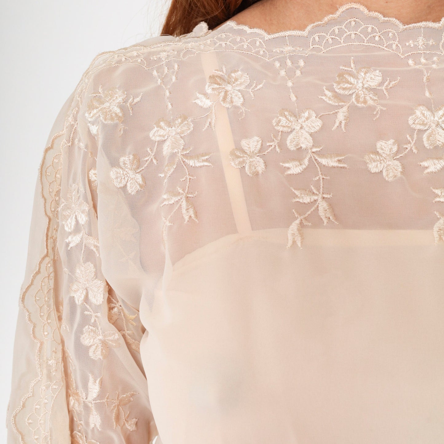 70s Beige Chiffon Midi Dress Floral Embroidery Illusion Neckline Small