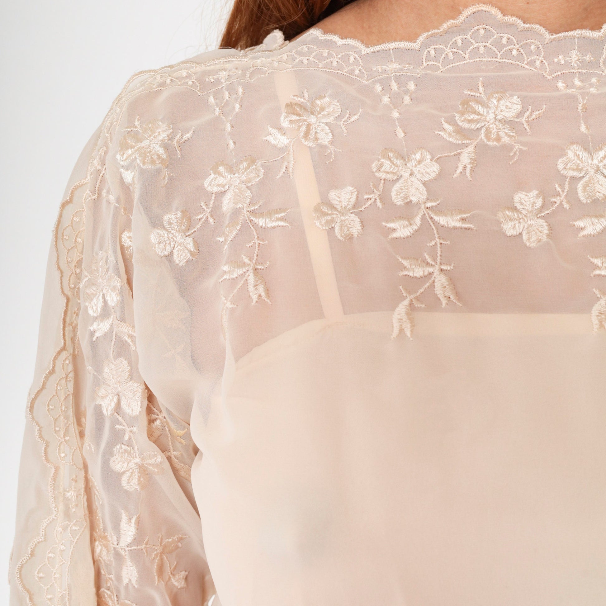 70s Beige Chiffon Midi Dress Floral Embroidery Illusion Neckline Small