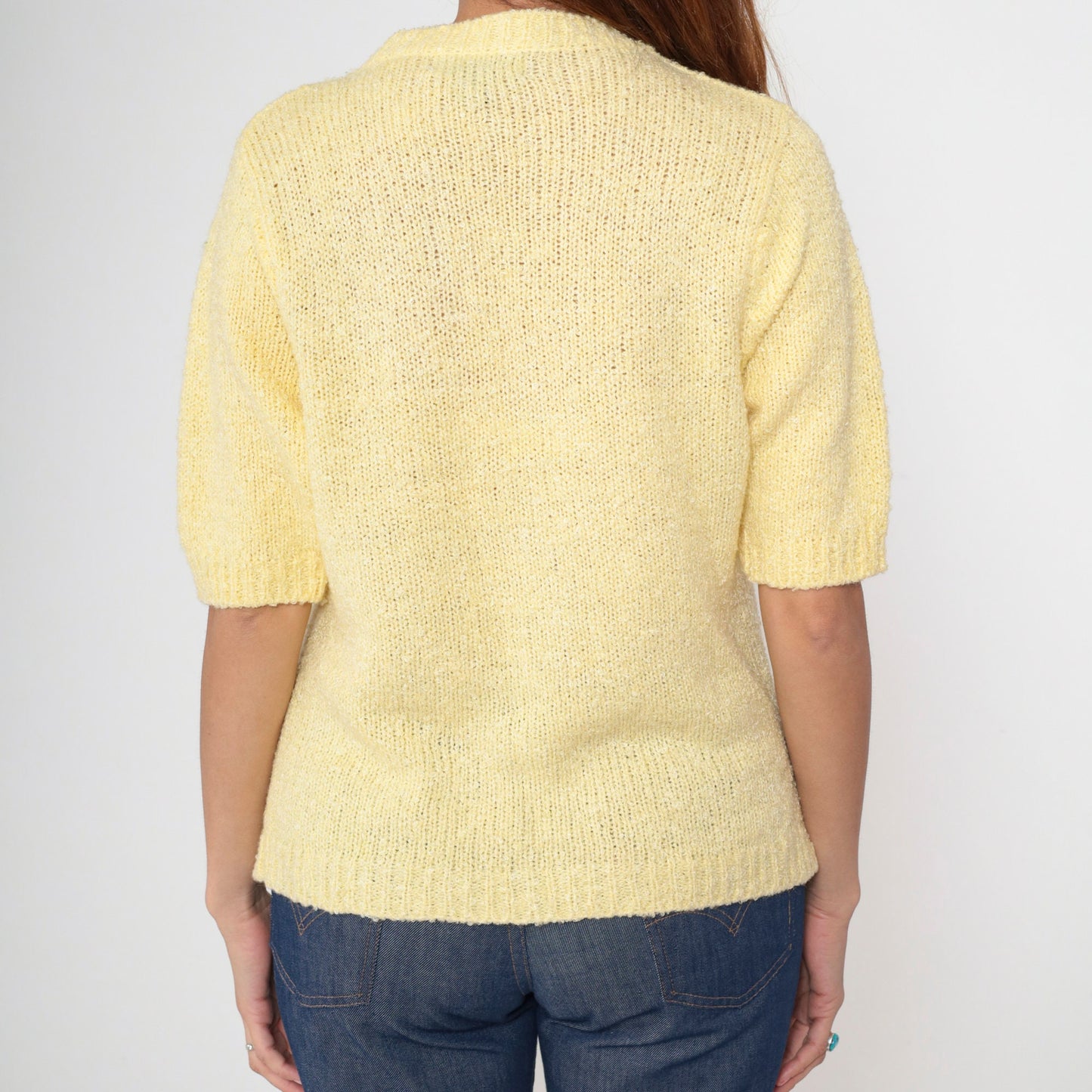 70s Le Chois Yellow Bouclé Cardigan Short Sleeve Open Front Knit Medium