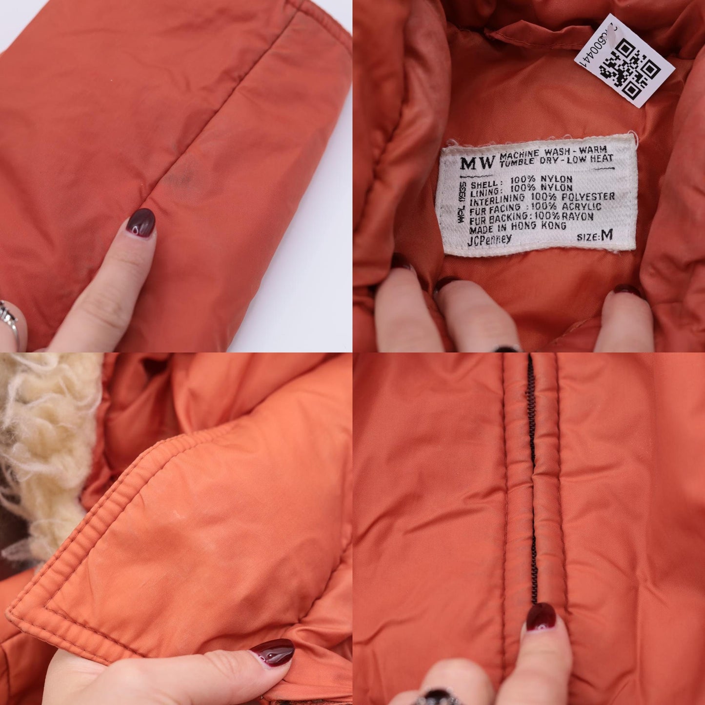 70s JC Penney Parka Jacket Burnt Orange Faux Fur Hood Zip Medium
