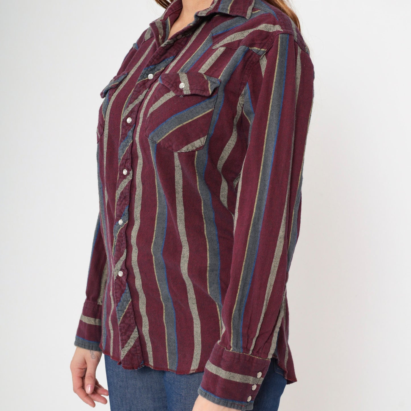 90s Wrangler Pearl Snap Western Shirt Burgundy Striped Medium