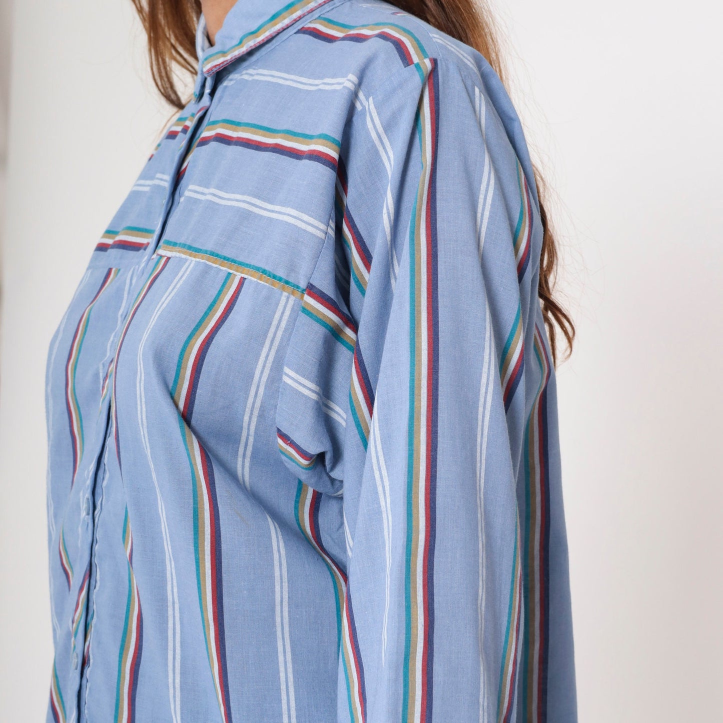 80s Blue Striped Button Up Shirt Multicolored 3/4 Sleeve Blouse Medium Large
