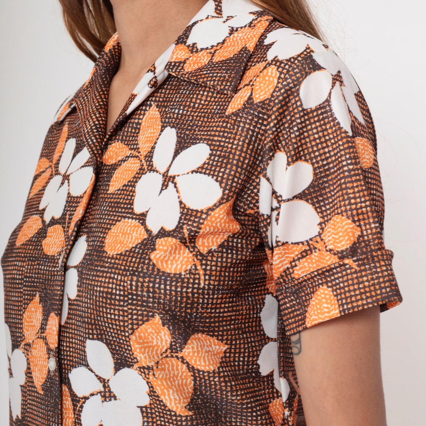70s Floral Button Up Blouse Brown Orange White Short Sleeve Small Medium
