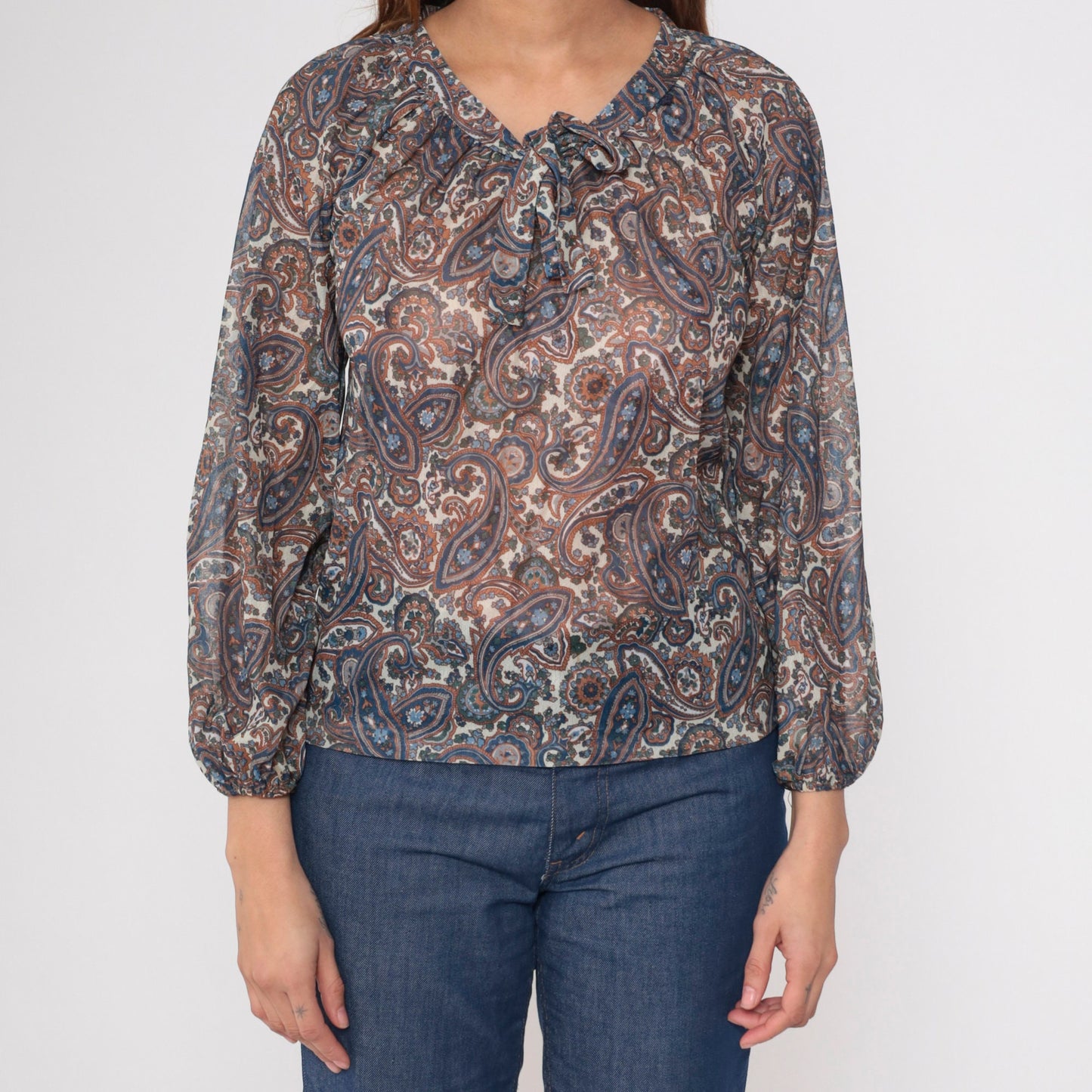 70s Paisley Tie Neck Blouse Sheer Psychedelic Print Orange Blue Small
