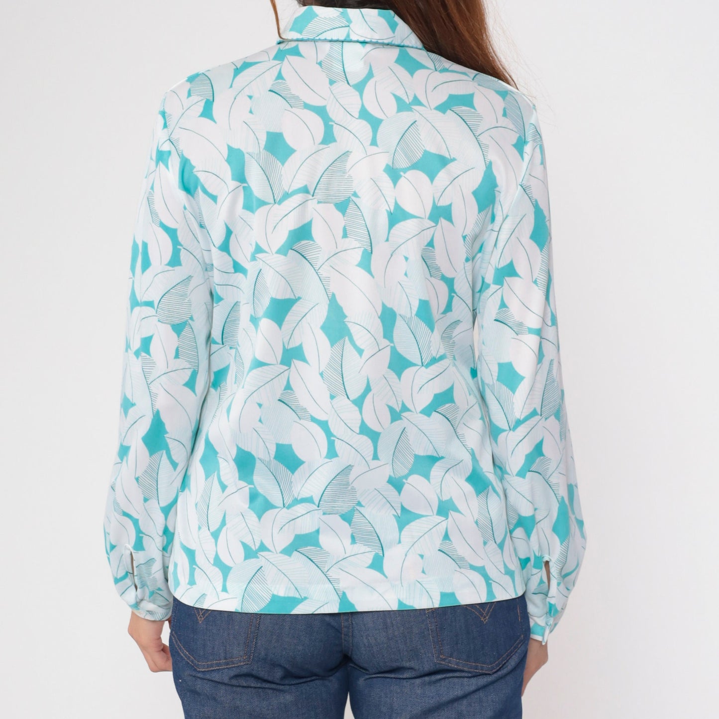 70s Leaf Print Ruffle Tuxedo Blouse Peter Pan Collar Long Sleeve White Blue Large