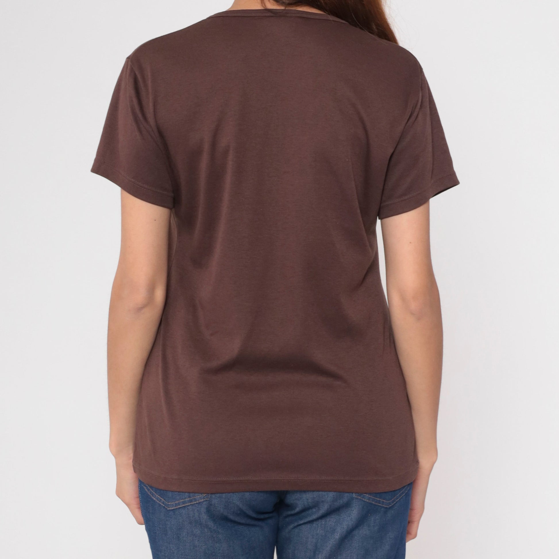 70s Owl Patch Brown V-Neck T-Shirt Cotton Graphic Tee Medium Large