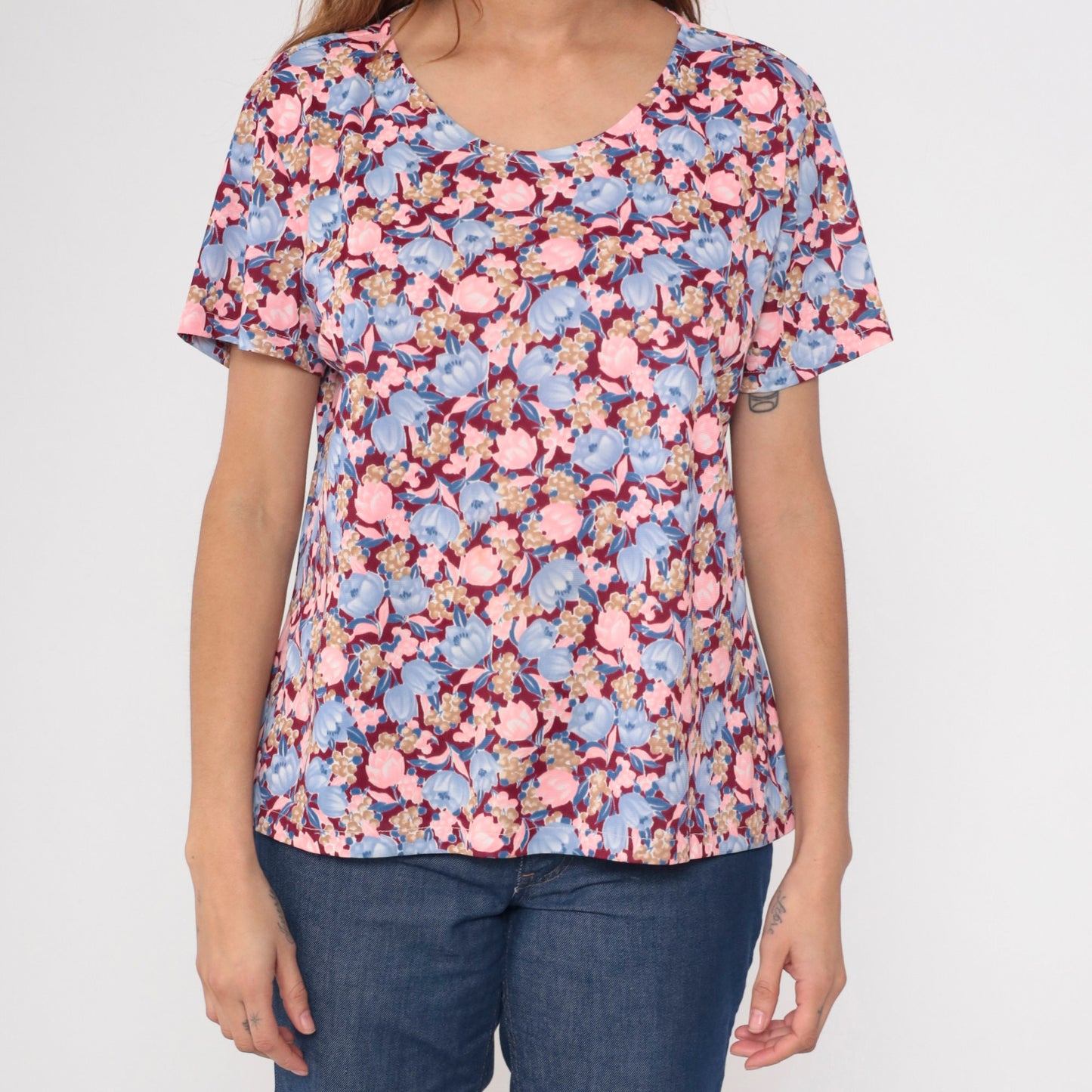 70s Floral Print Blouse Pink Blue Burgundy Short Sleeve Top Large