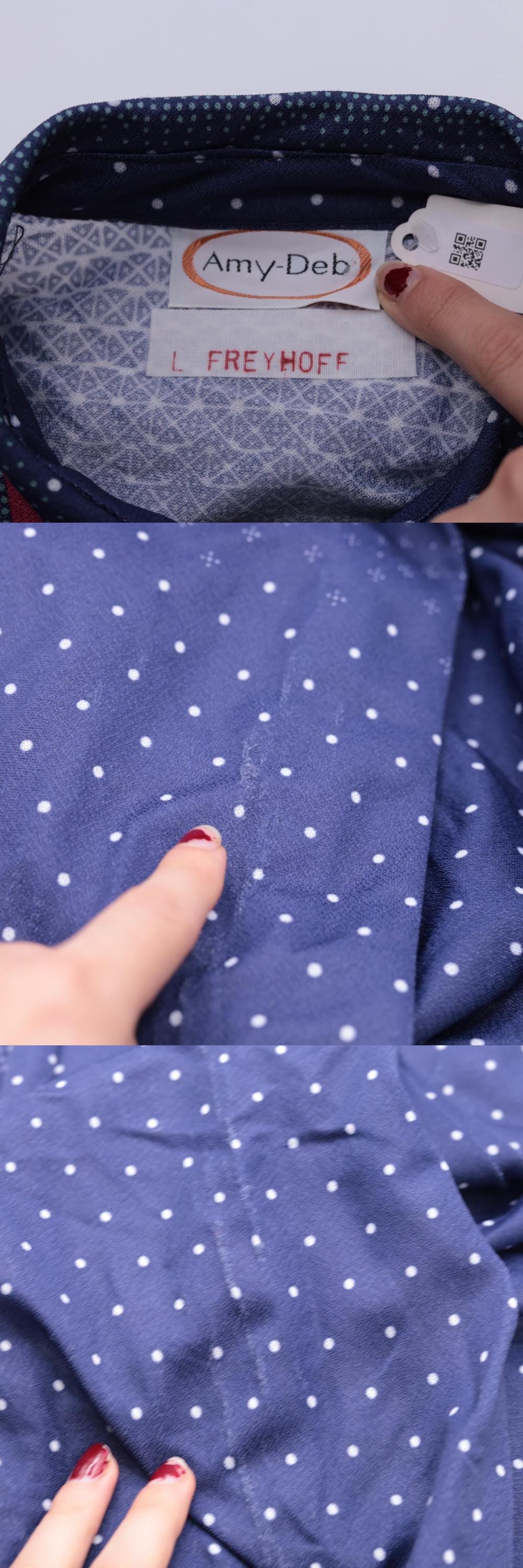 70s Dark Blue Polka Dot Shirtdress Midi Puff Sleeve Collared Button-Up Medium