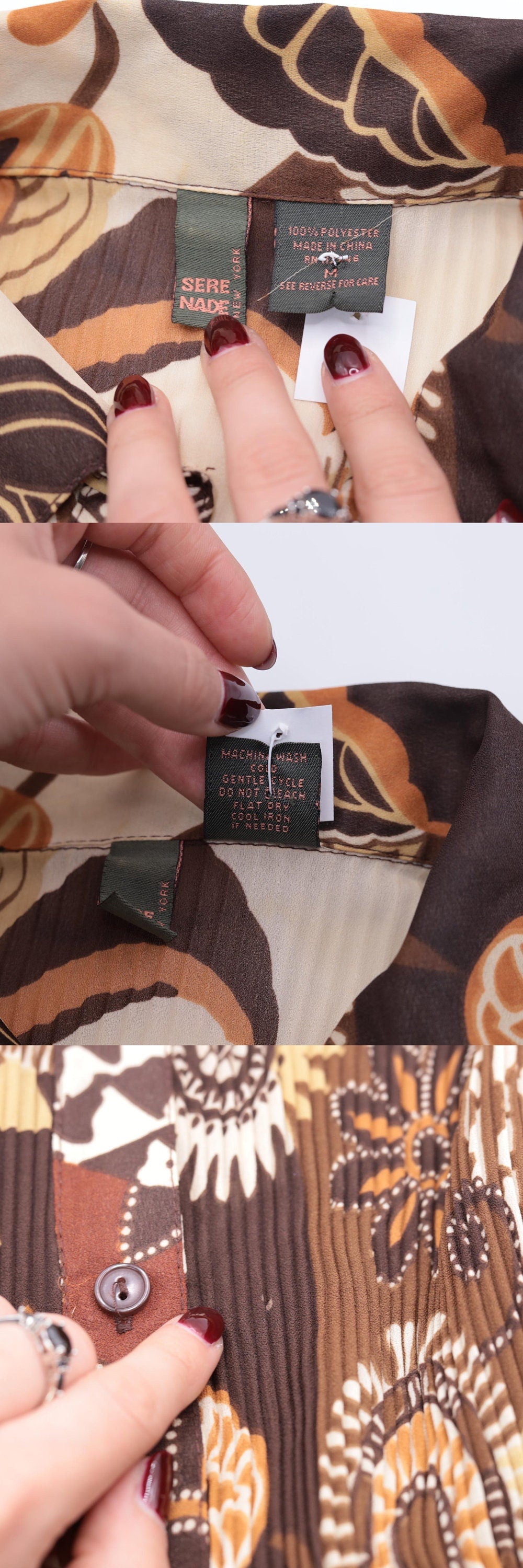 Y2K Brown Patchwork Geometric Floral Button-Up Blouse Bell Sleeve Medium