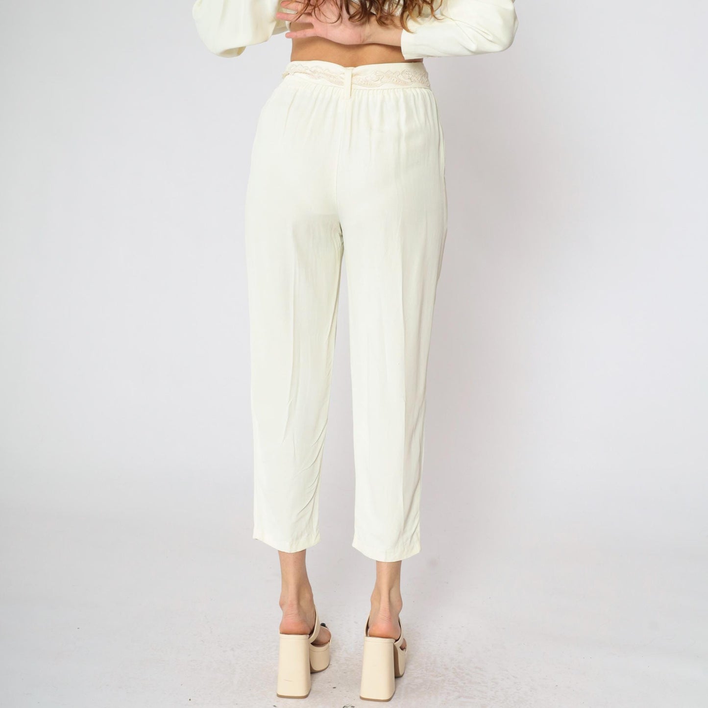 80s Two Piece Suit Cream Embroidered Blazer & Tapered Pants Set Small