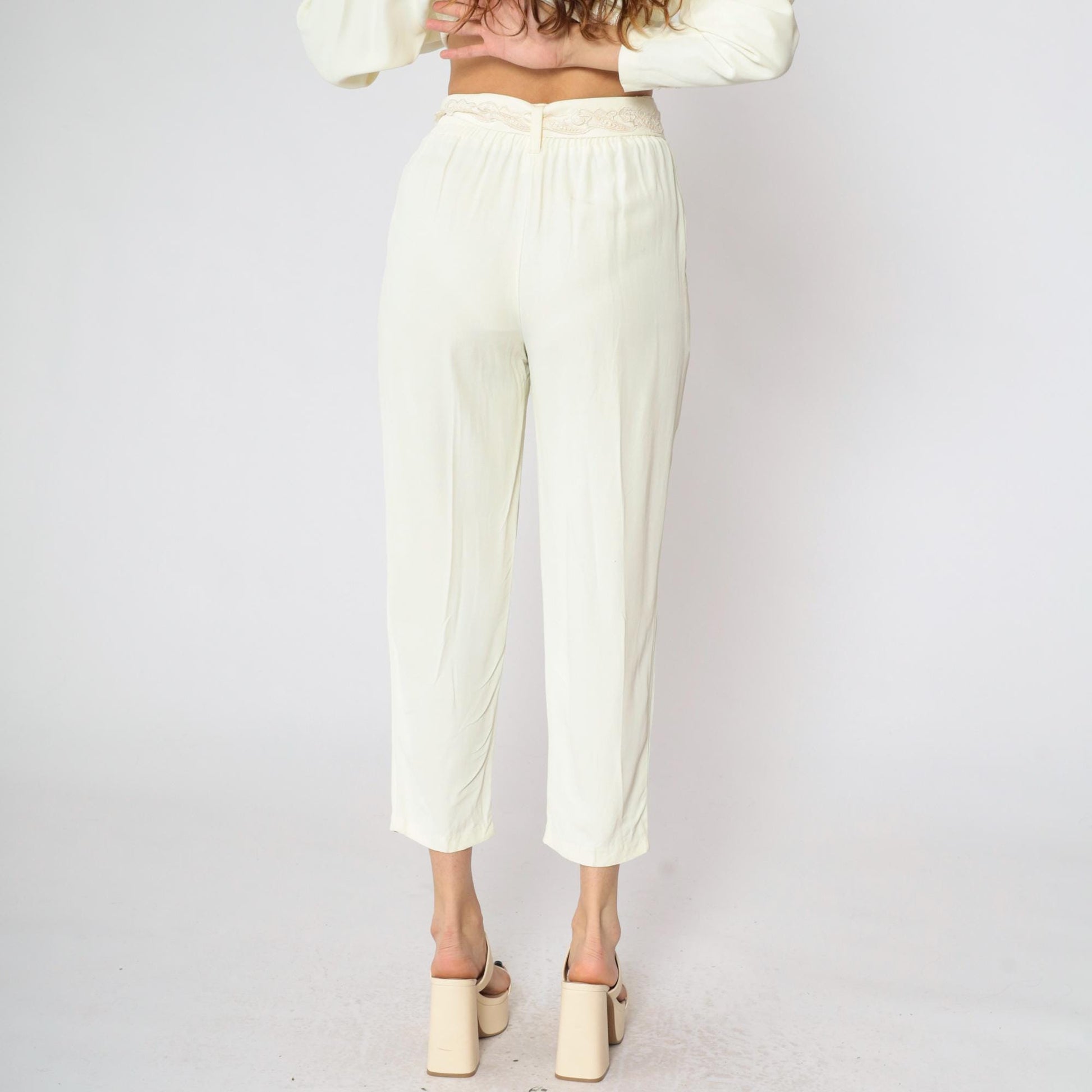 80s Two Piece Suit Cream Embroidered Blazer & Tapered Pants Set Small