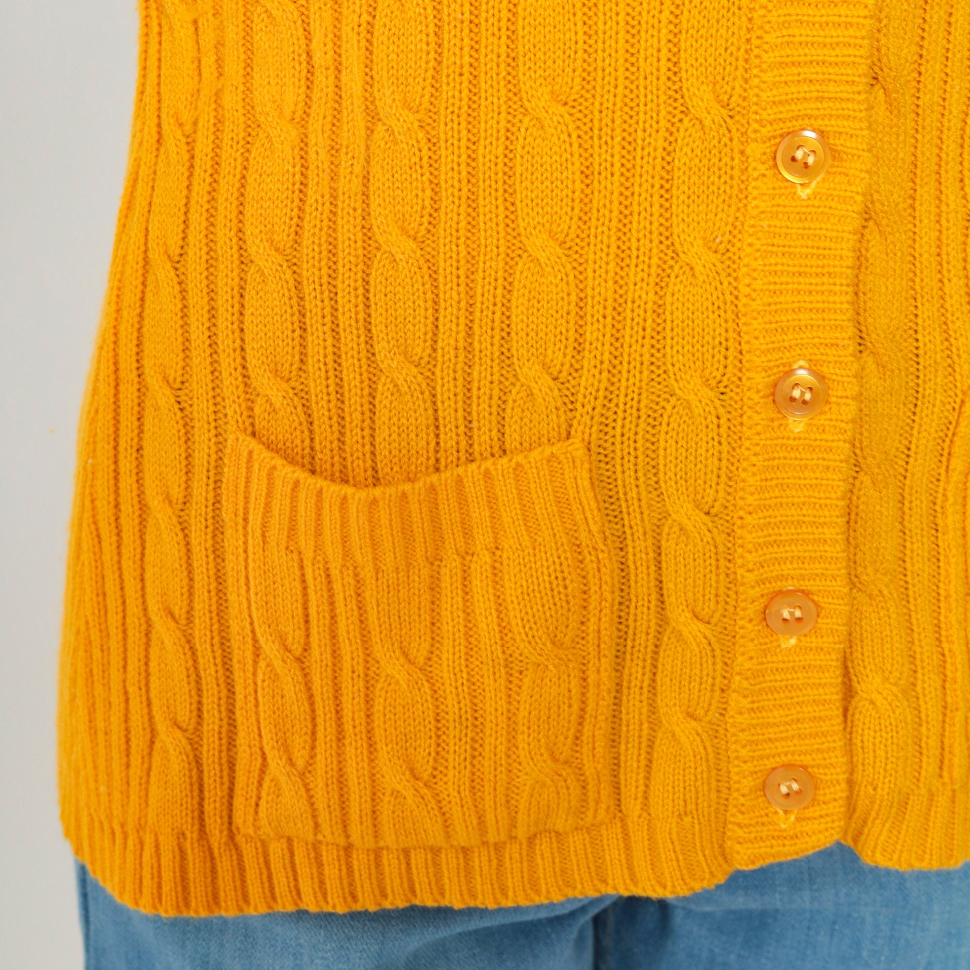 70s Tangerine Cable Knit Cardigan V Neck Button Up Orange Small