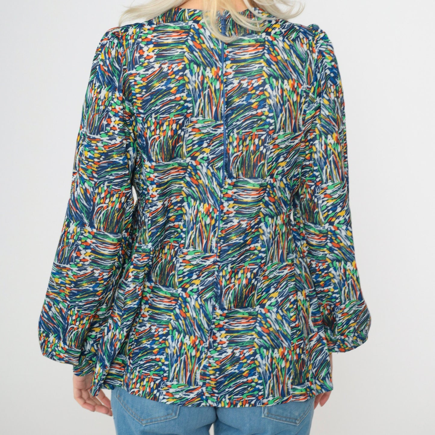 70s Blue Abstract Floral Puff Sleeve Button Up Blouse Small