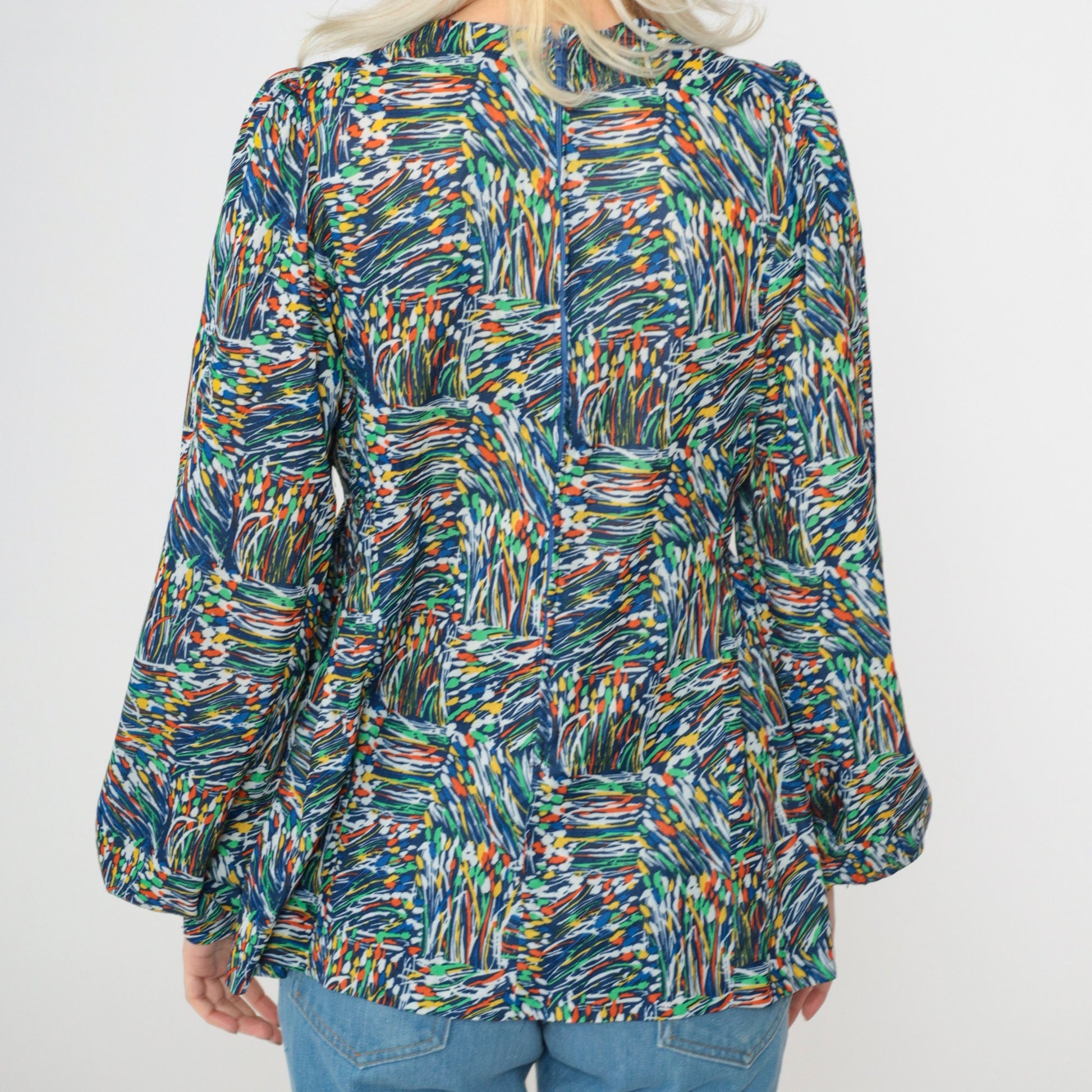 70s Blue Abstract Floral Puff Sleeve Button Up Blouse Small