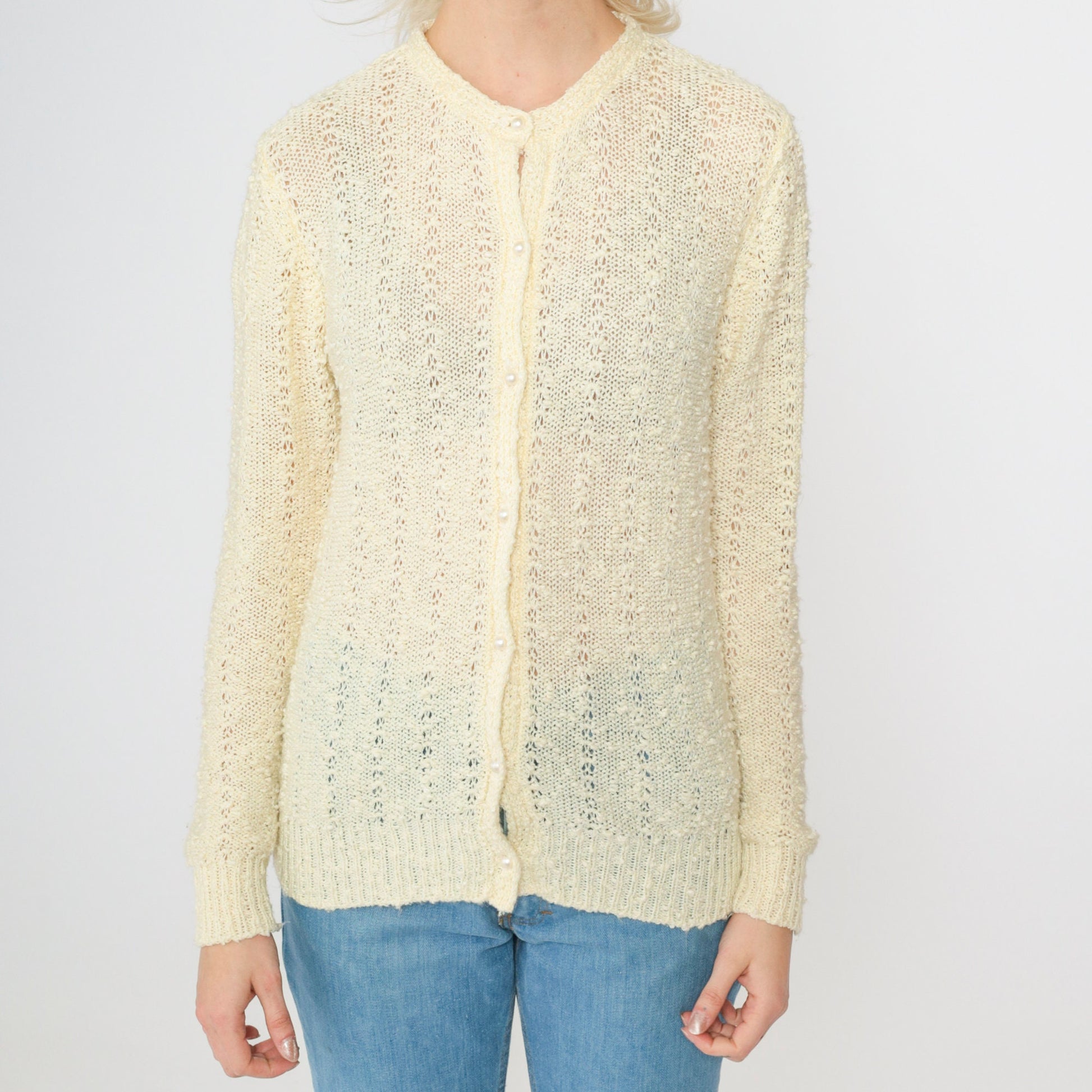 80s Le Roy Knitwear Pale Yellow Cardigan Pearl Buttons Pointelle Knit Small