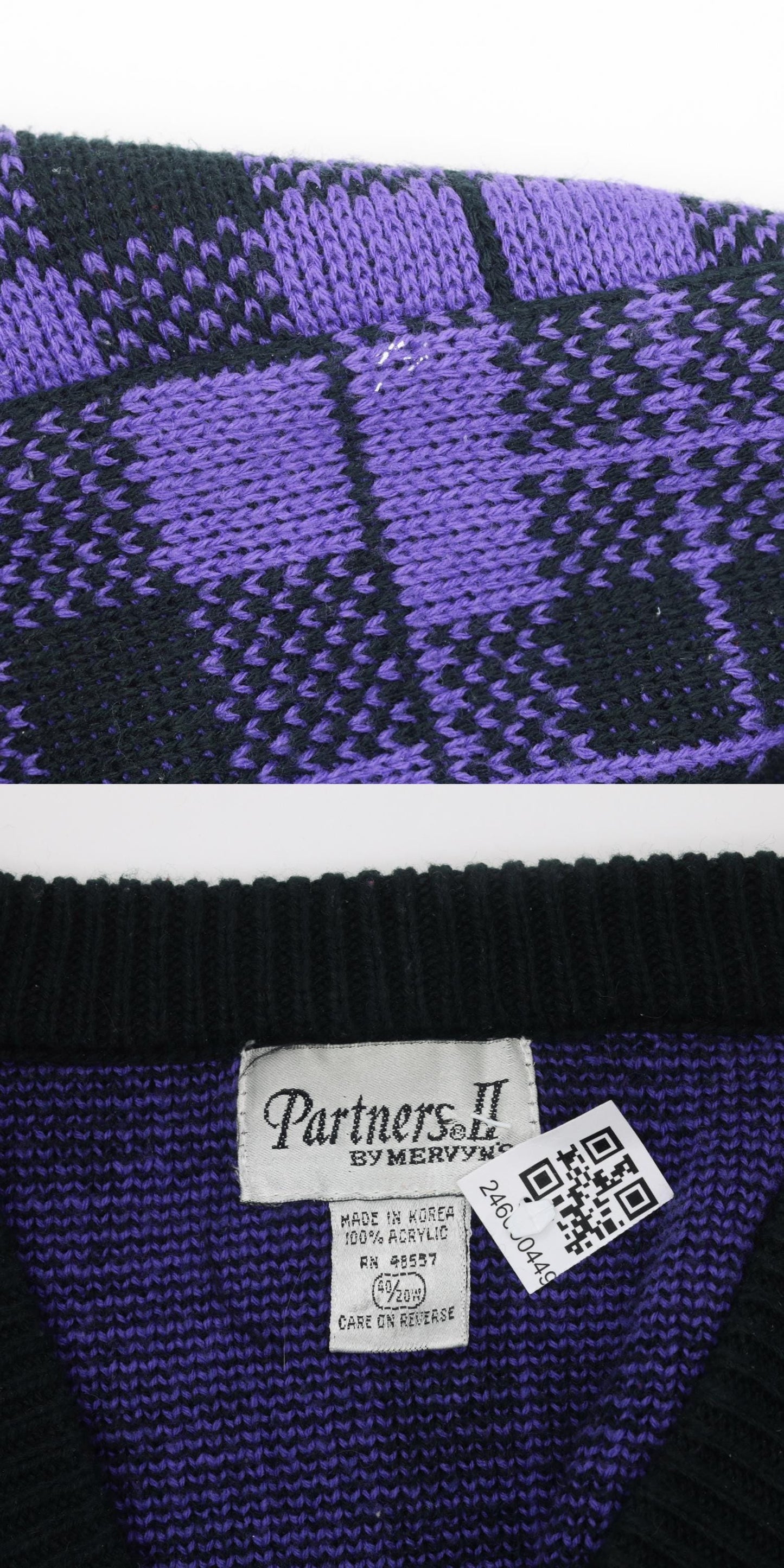 90s Purple Black Checkered Sweater V Neck Knit Pullover Plus Size XXL