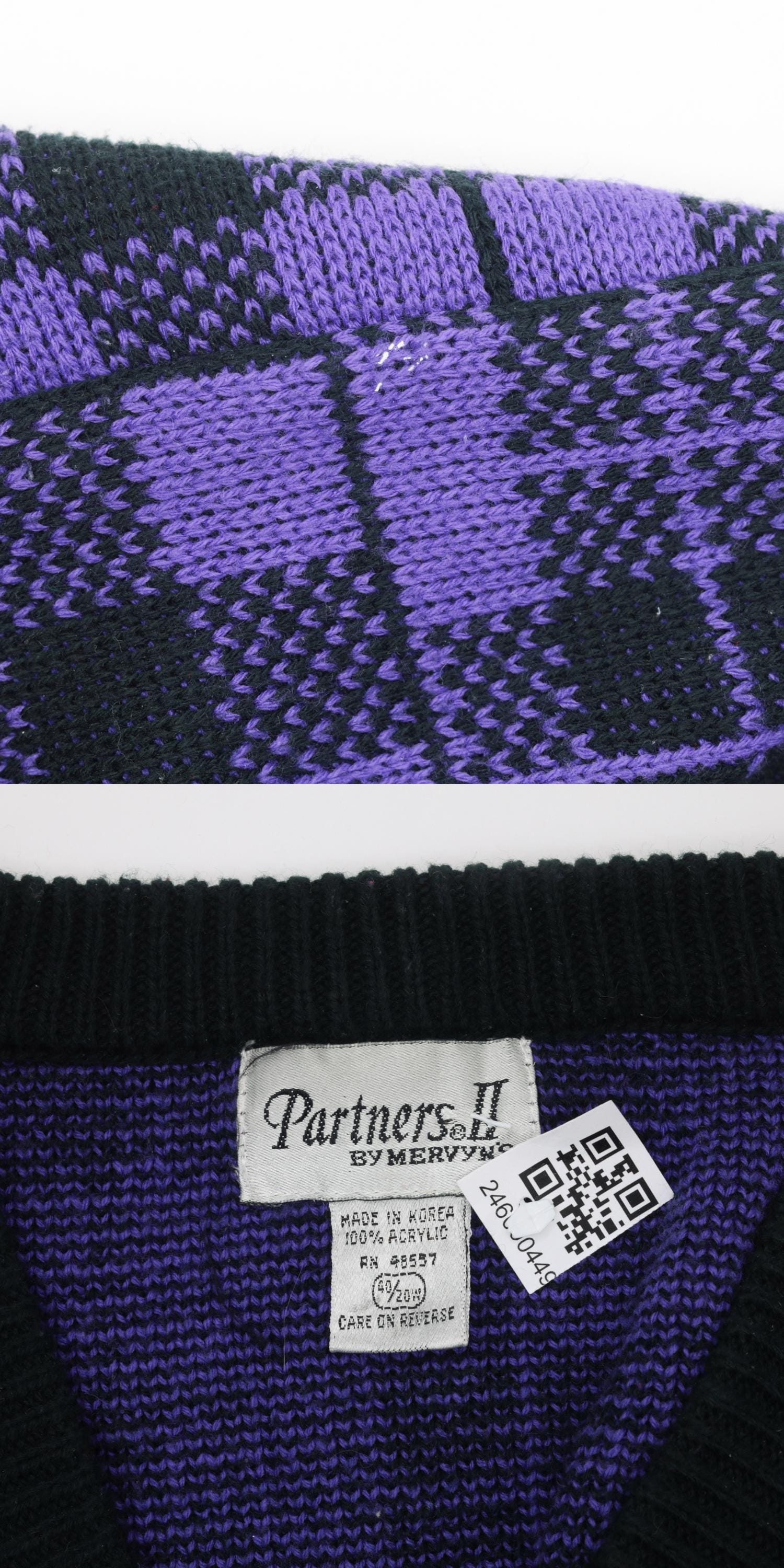 90s Purple Black Checkered Sweater V Neck Knit Pullover Plus Size XXL