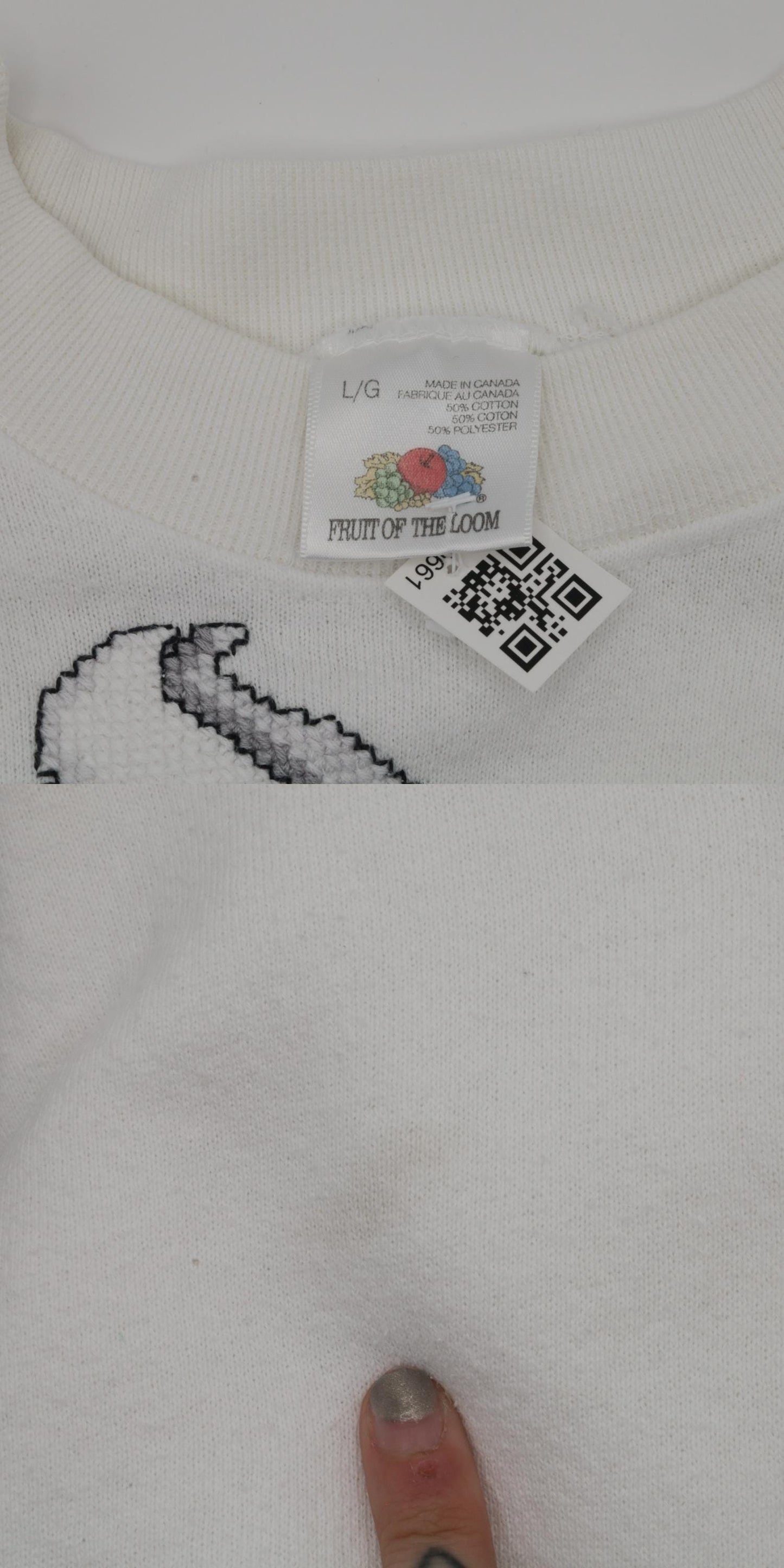90s Goose Floral Cross-Stitch Sweatshirt White Raglan Graphic Large