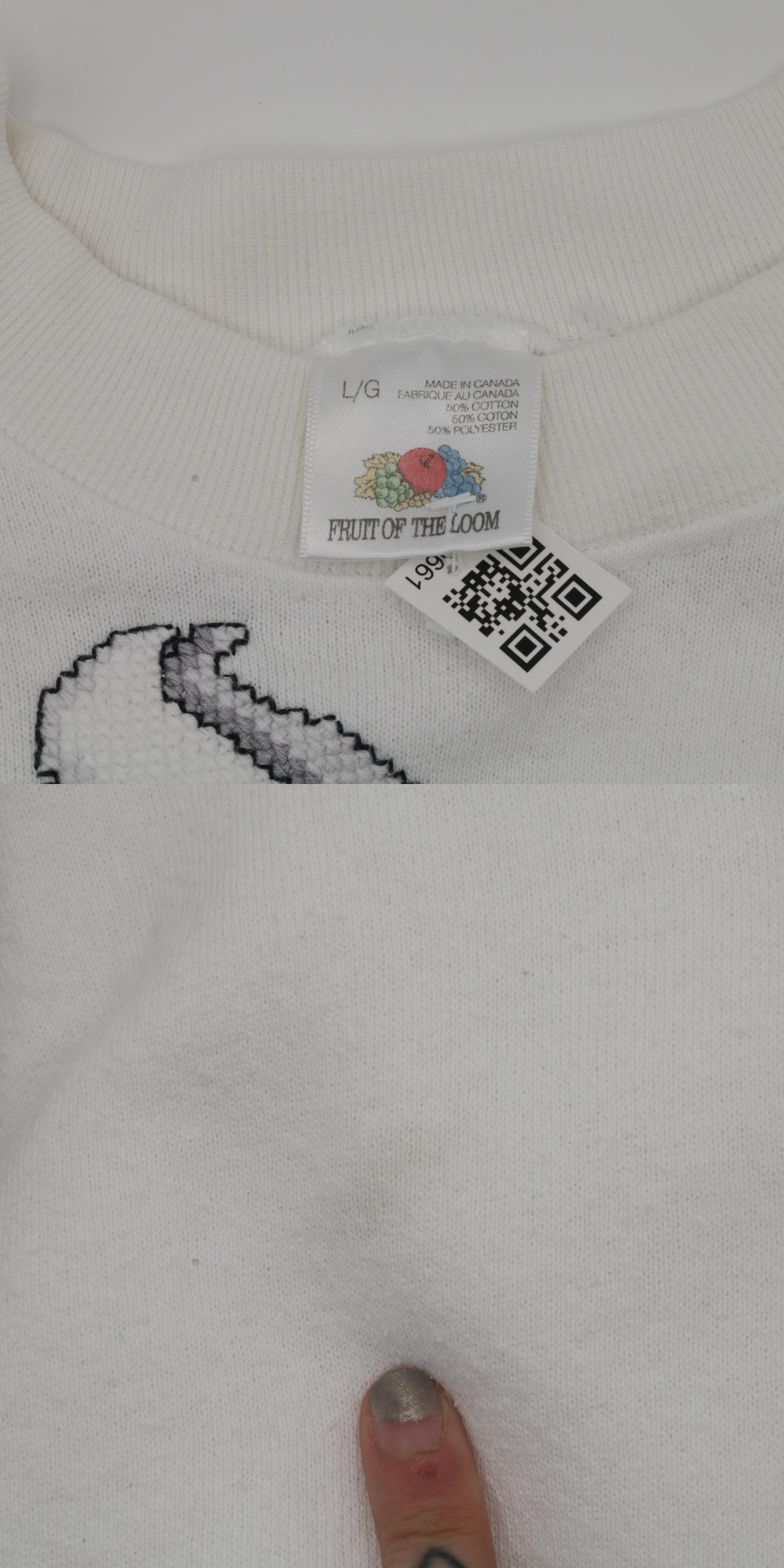 90s Goose Floral Cross-Stitch Sweatshirt White Raglan Graphic Large