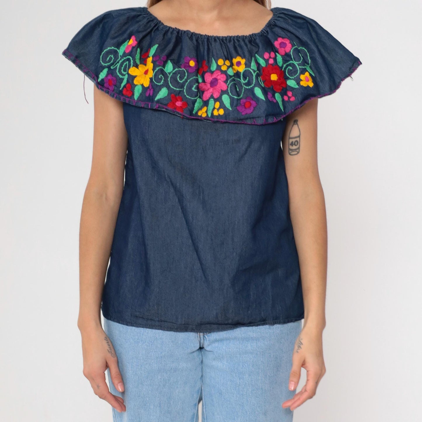 90s Mexican Chambray Blouse Embroidered Floral Elastic Neckline Tunic Medium