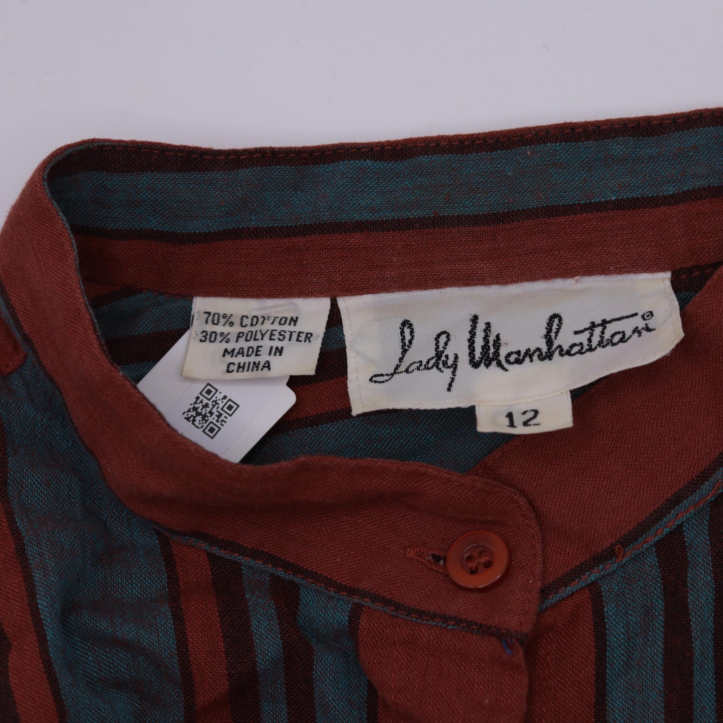 80s Lady Manhattan Striped Button-Up Blouse Rust Red Turquoise Mandarin Collar Large