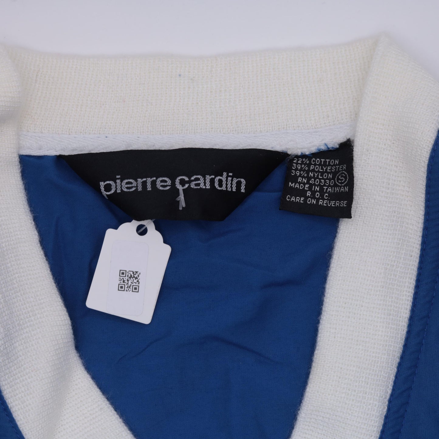 80s Pierre Cardin Ringer Tee White Blue Colour Block V-Neck Small S