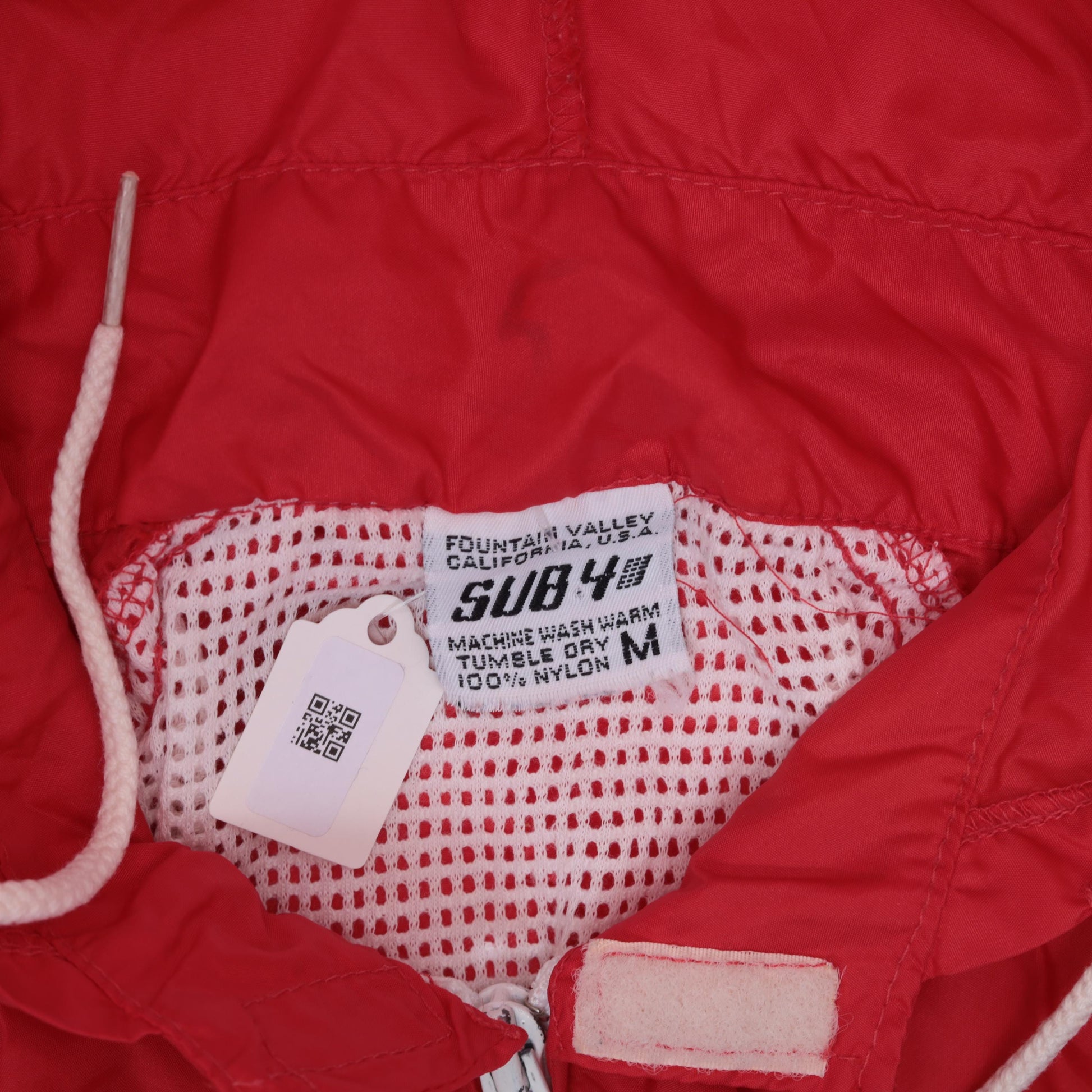 90s SUB4 Red Nylon Windbreaker Hooded Jacket Striped Sleeves Medium