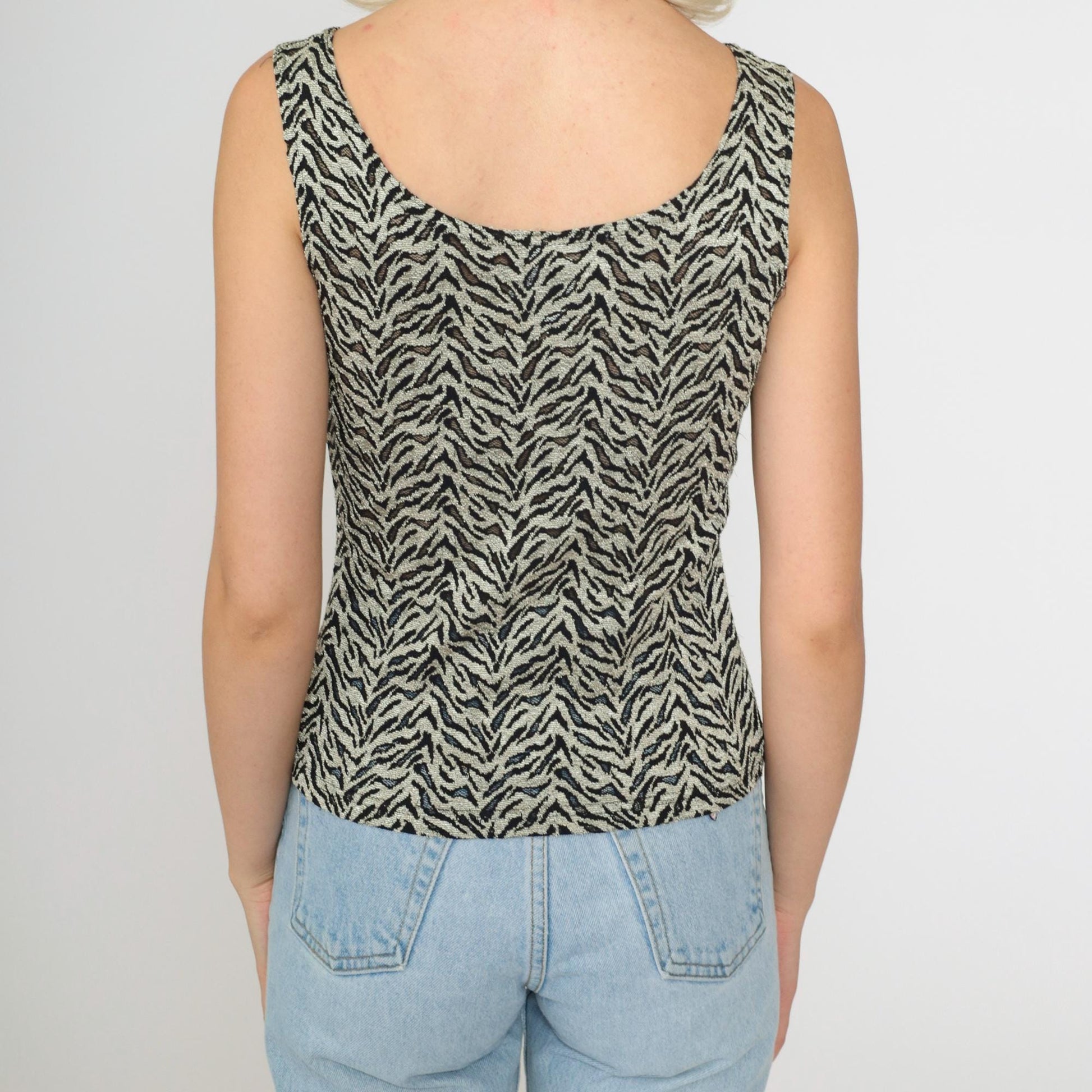 90s Zebra Stripe Tank Top Grey Sheer Mesh Scoop Neck Small Medium