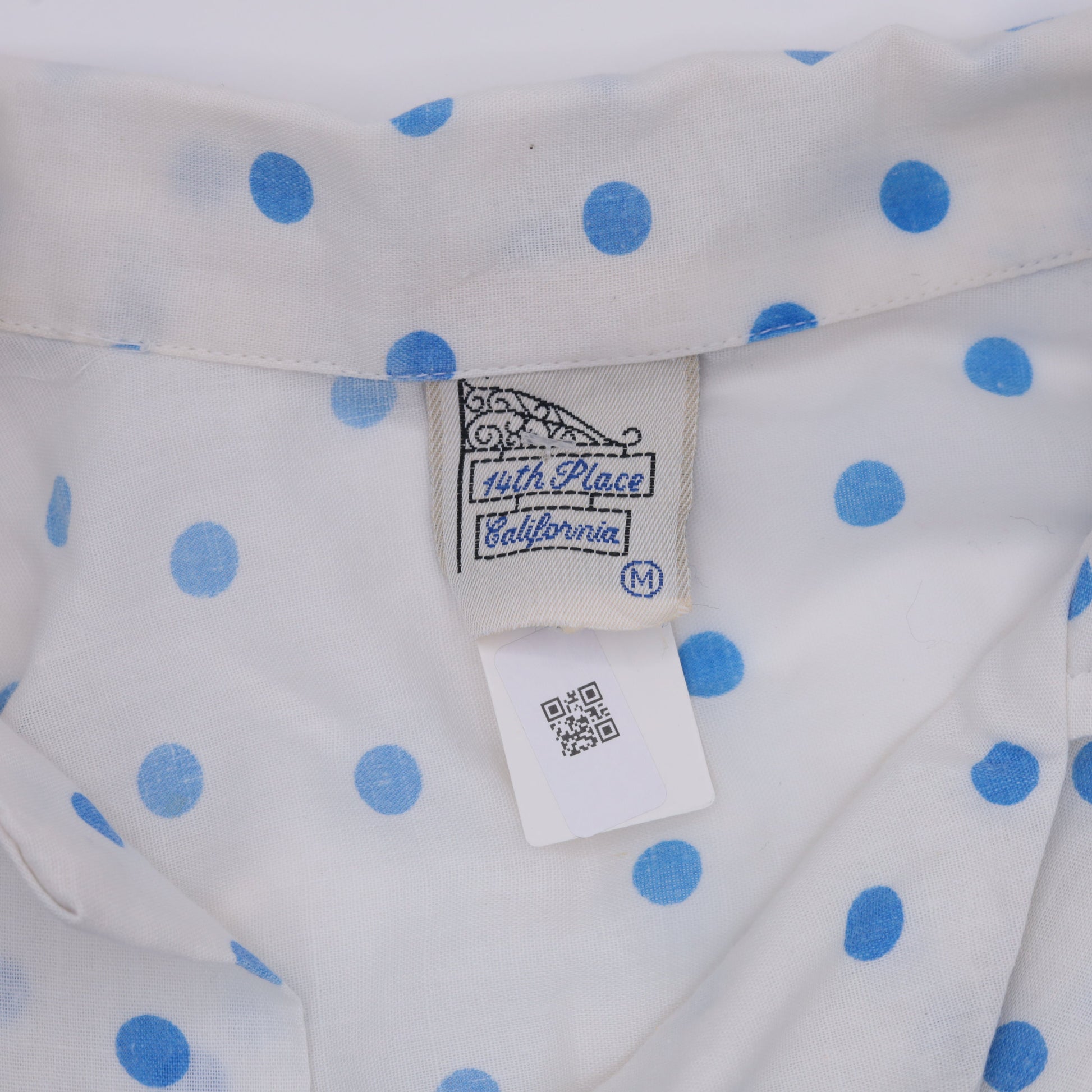 80s White Blue Polka Dot Button-Up Blouse Short Sleeve Medium