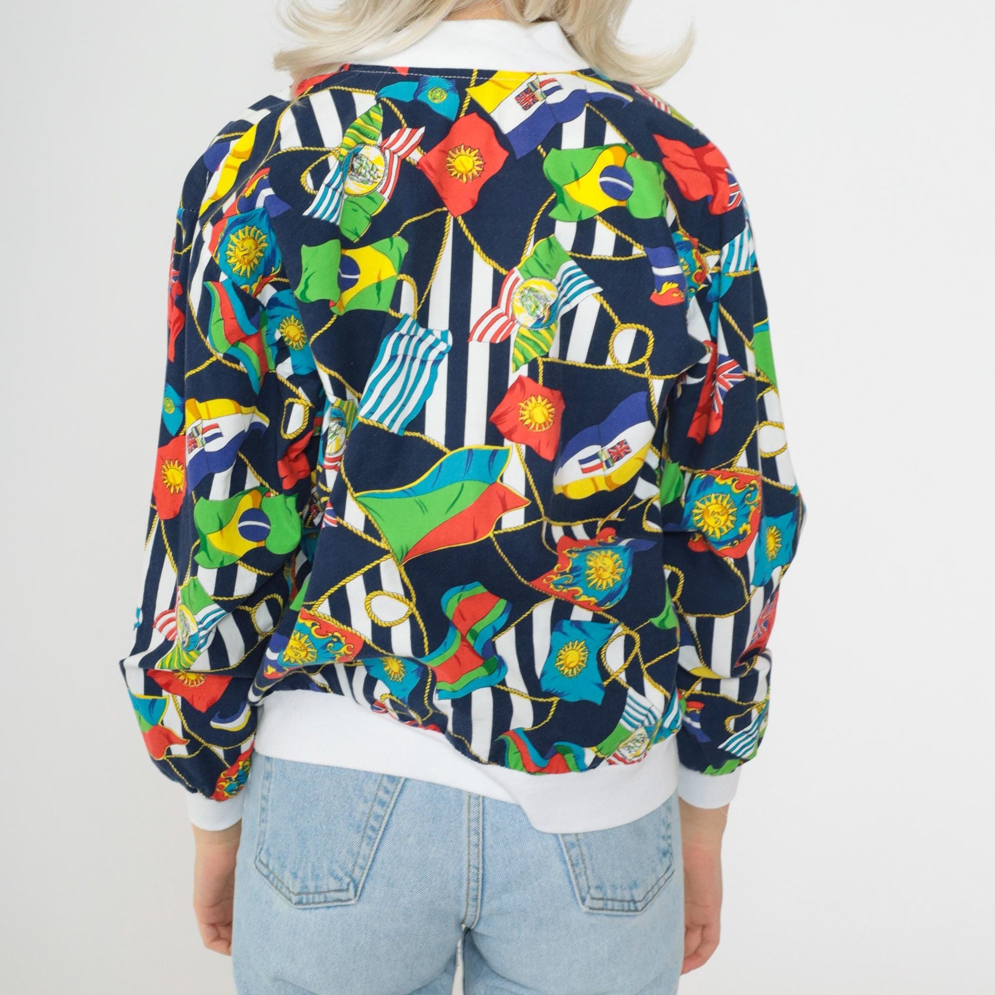90s Nautical Windbreaker Jacket World Flags Print Navy Blue Medium